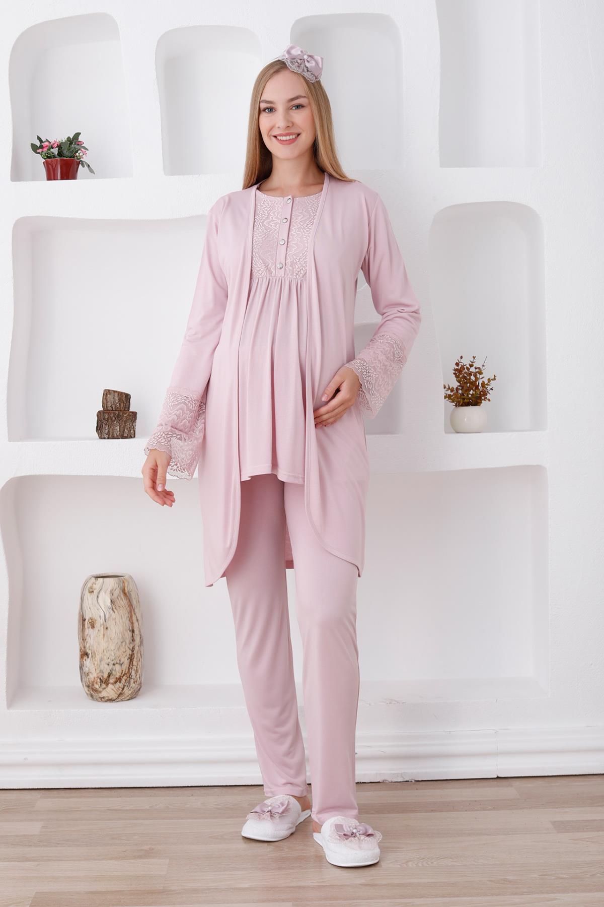 Erdeniz 3427 Pudra Dantel Sabahlıklı Lohusa Pijama Takımı