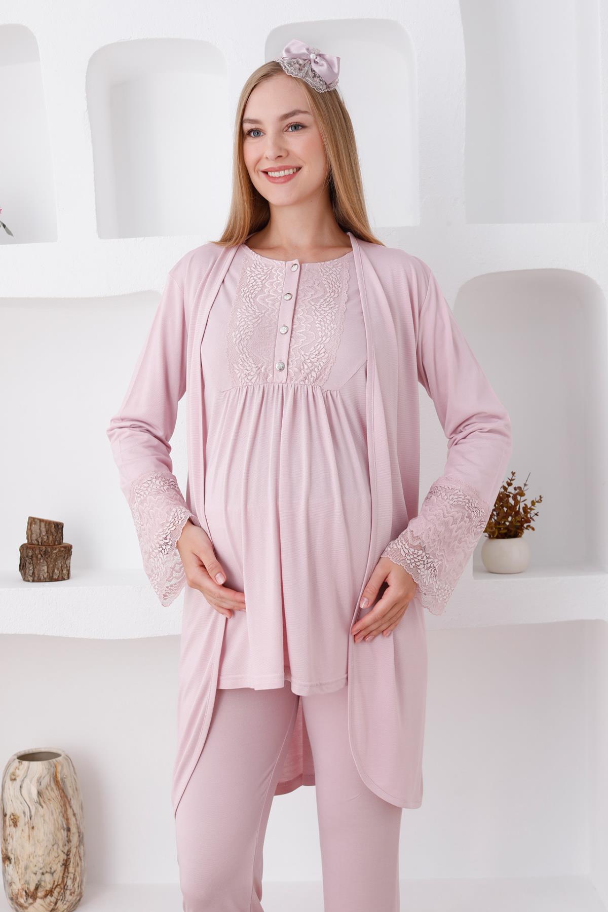 Erdeniz 3427 Pudra Dantel Sabahlıklı Lohusa Pijama Takımı