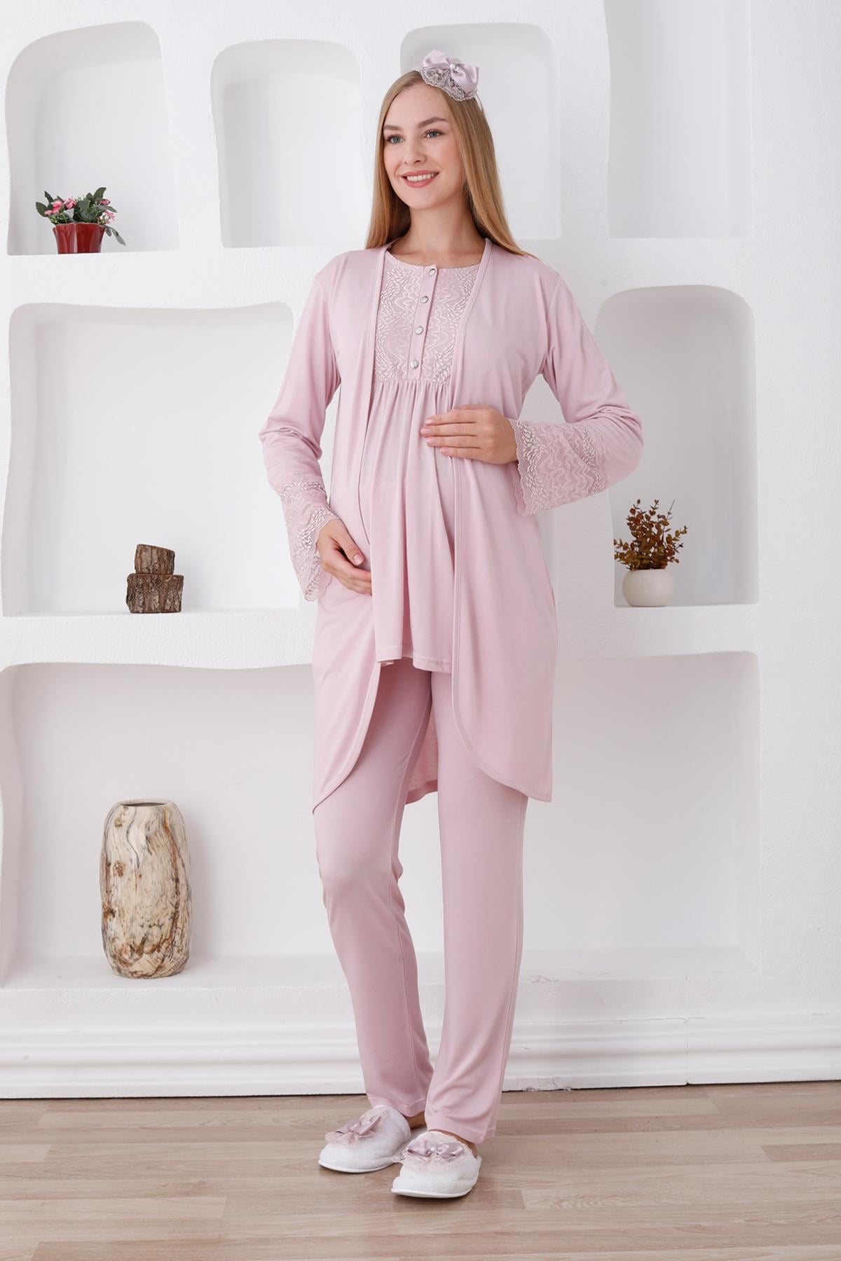 Erdeniz 3427 Pudra Dantel Sabahlıklı Lohusa Pijama Takımı