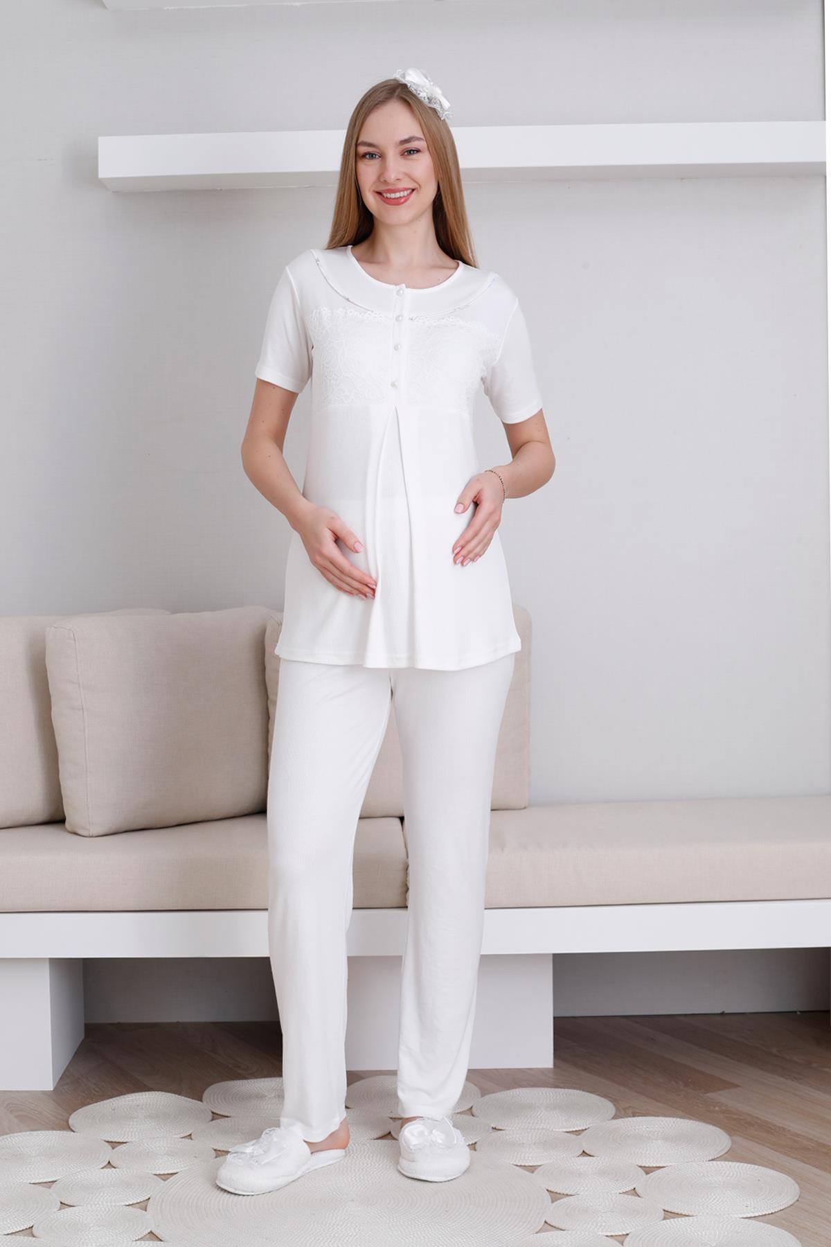 Erdeniz 3436 Ekru Dantel Detaylı Lohusa Pijama ve Desen Sabahlıklı Takımı