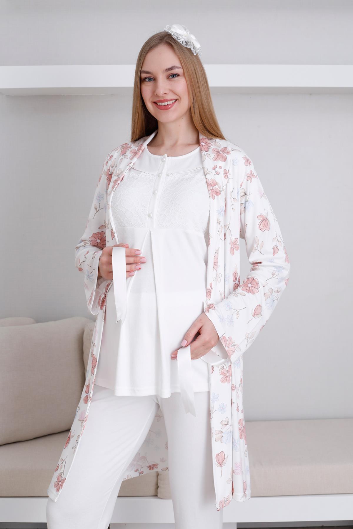 Erdeniz 3436 Ekru Dantel Detaylı Lohusa Pijama ve Desen Sabahlıklı Takımı