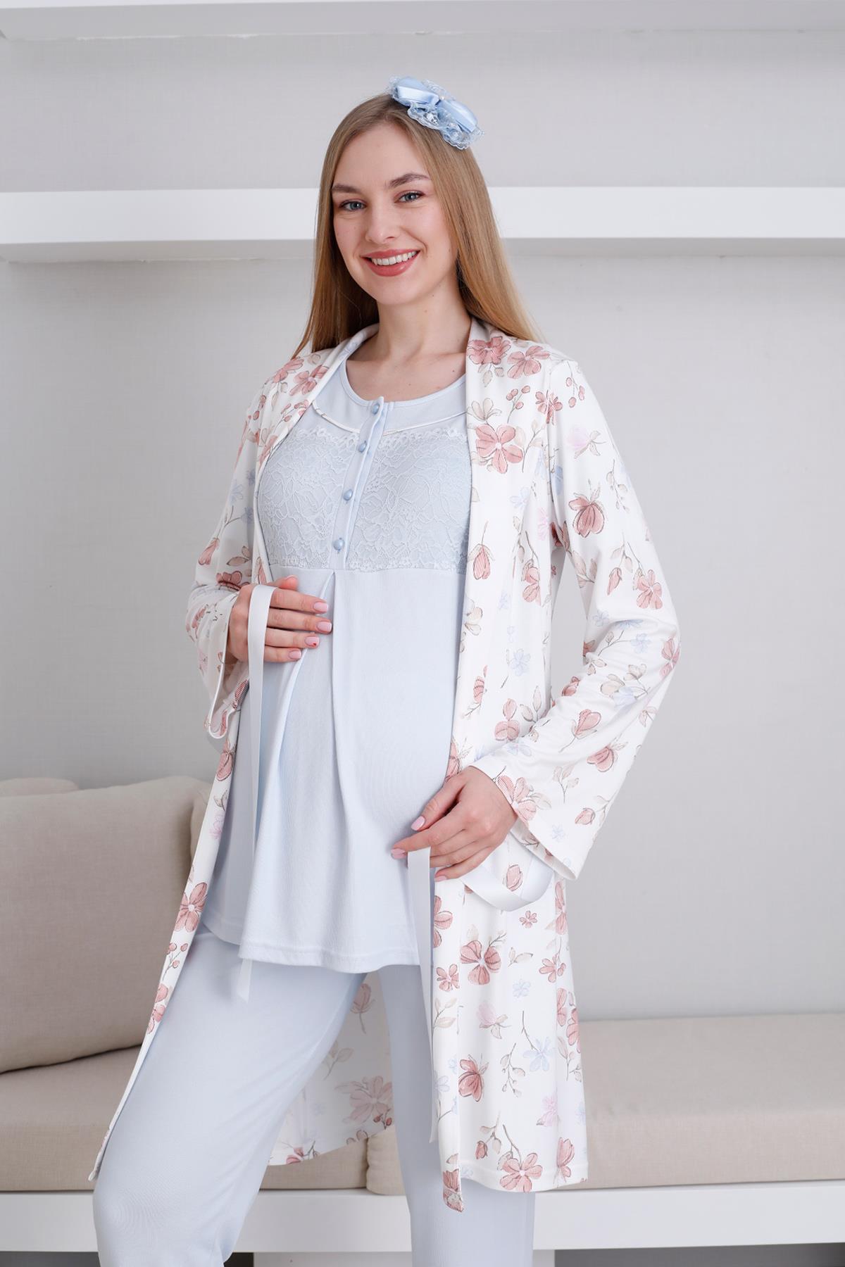 Erdeniz 3436 Mavi Dantel Detaylı Lohusa Pijama ve Desen Sabahlıklı Takımı