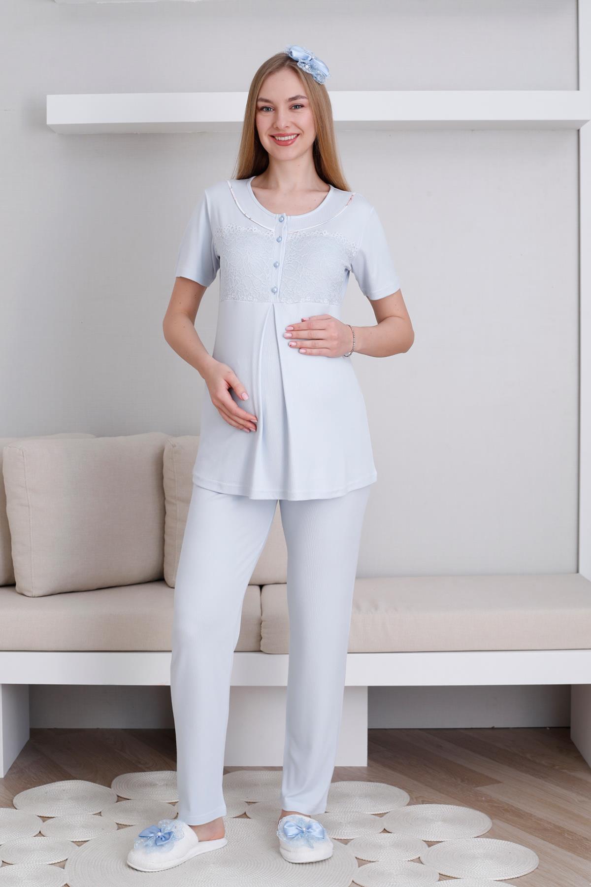 Erdeniz 3436 Mavi Dantel Detaylı Lohusa Pijama ve Desen Sabahlıklı Takımı
