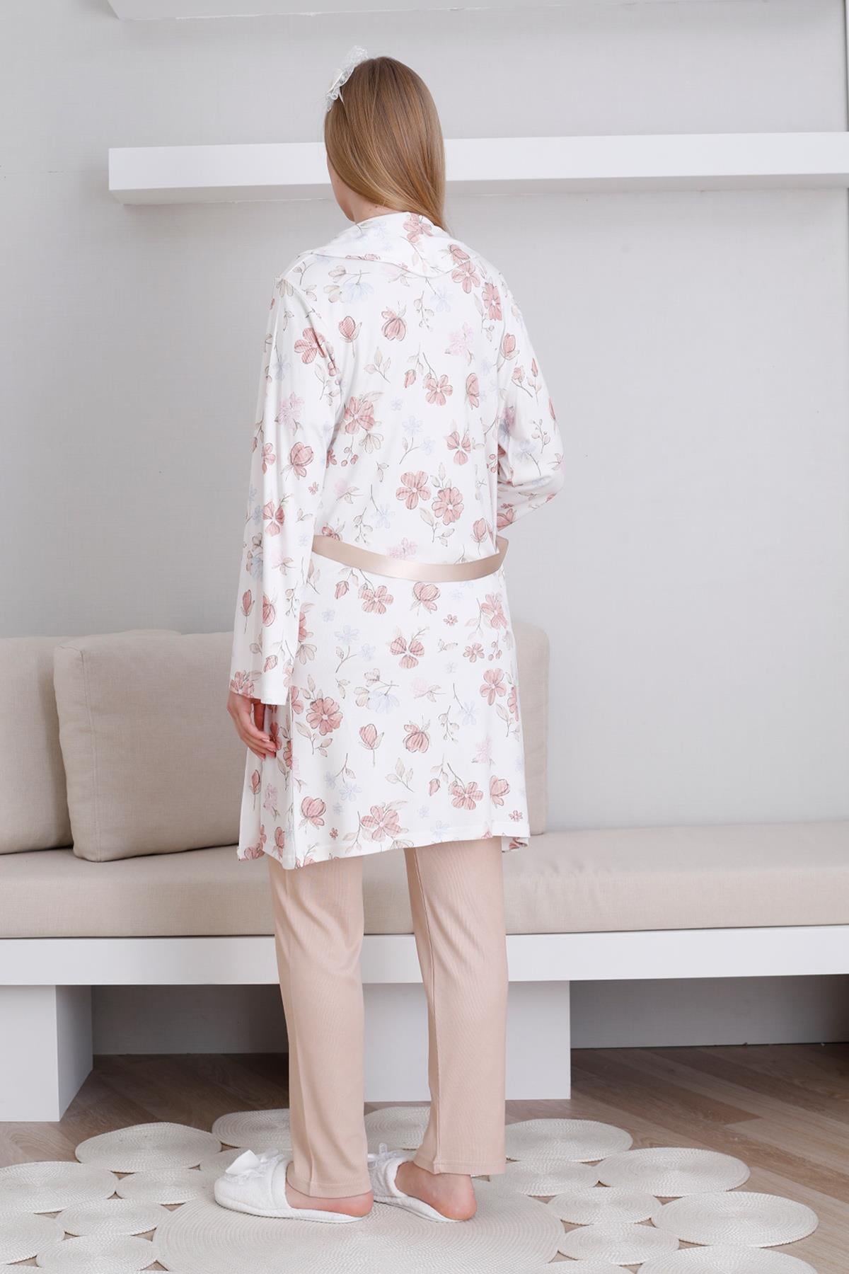 Erdeniz 3436 Vizon Dantel Detaylı Lohusa Pijama ve Desen Sabahlıklı Takımı