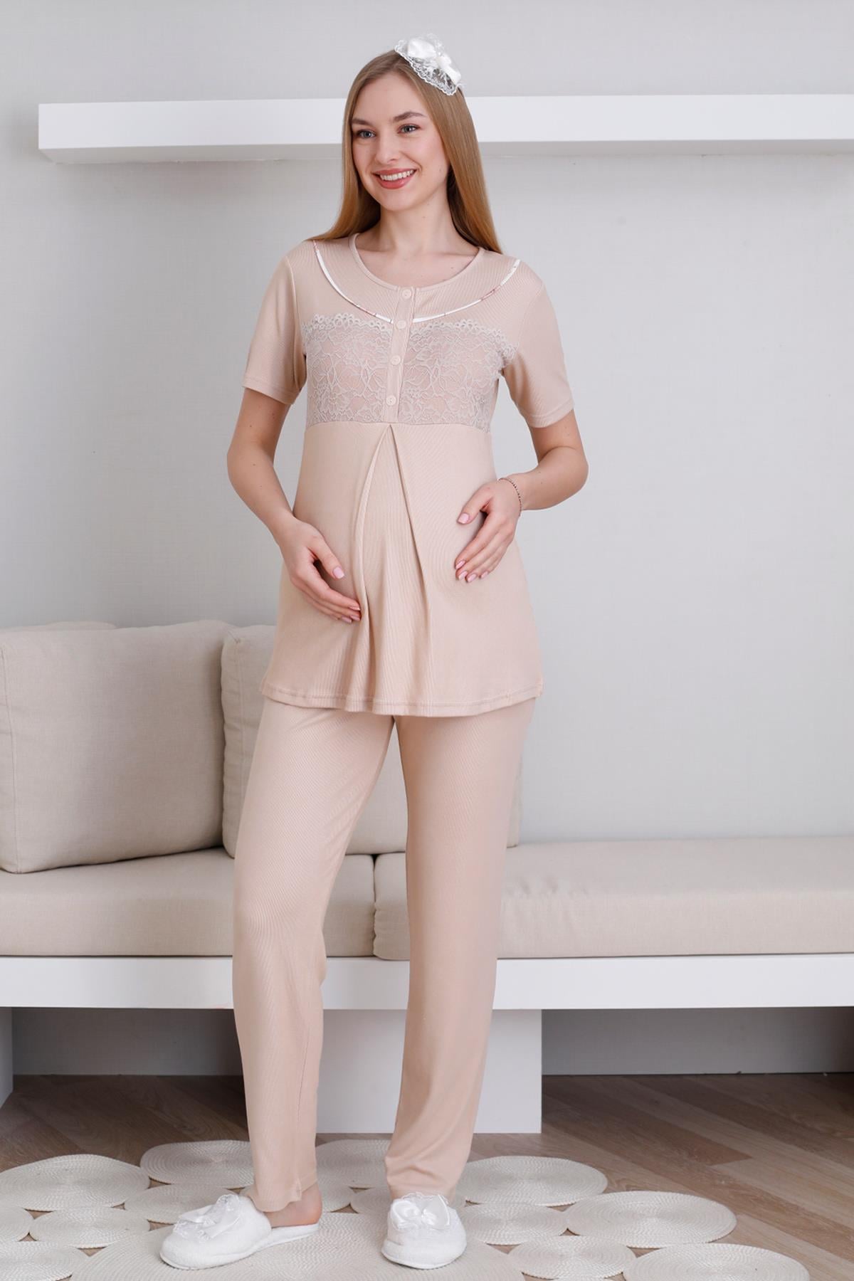 Erdeniz 3436 Vizon Dantel Detaylı Lohusa Pijama ve Desen Sabahlıklı Takımı