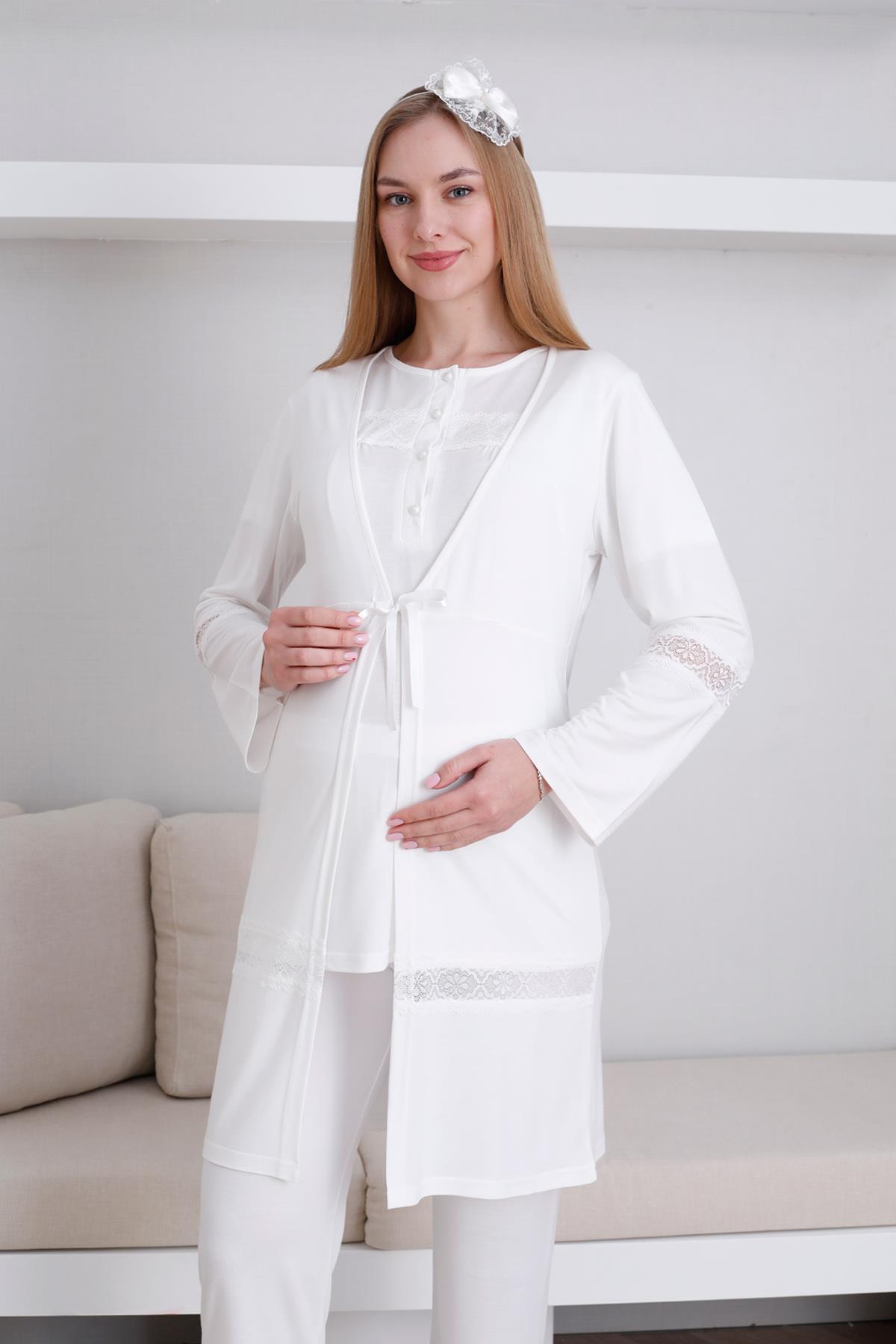 Erdeniz 3439 Ekru Dantel Detaylı Sabahlıklı Lohusa Pijama Takımı