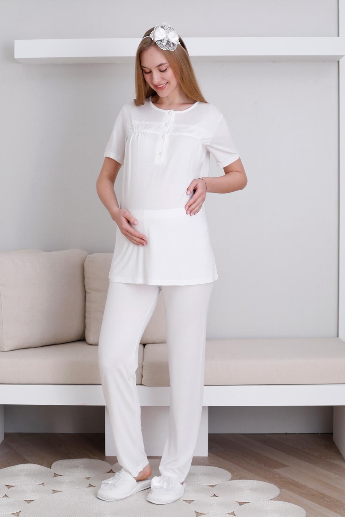 Erdeniz 3439 Ekru Dantel Detaylı Sabahlıklı Lohusa Pijama Takımı