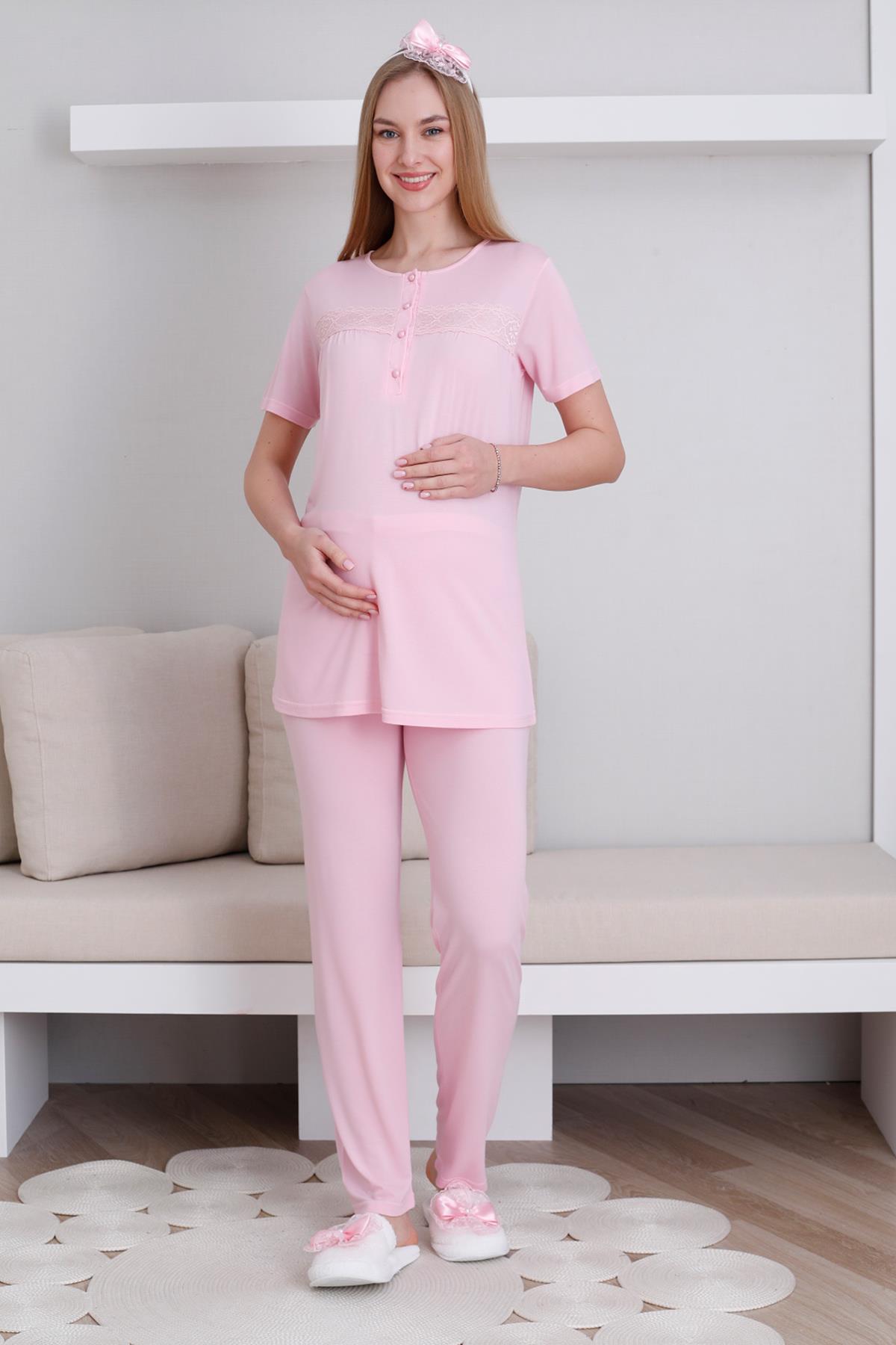 Erdeniz 3439 Pembe Dantel Detaylı Sabahlıklı Lohusa Pijama Takımı