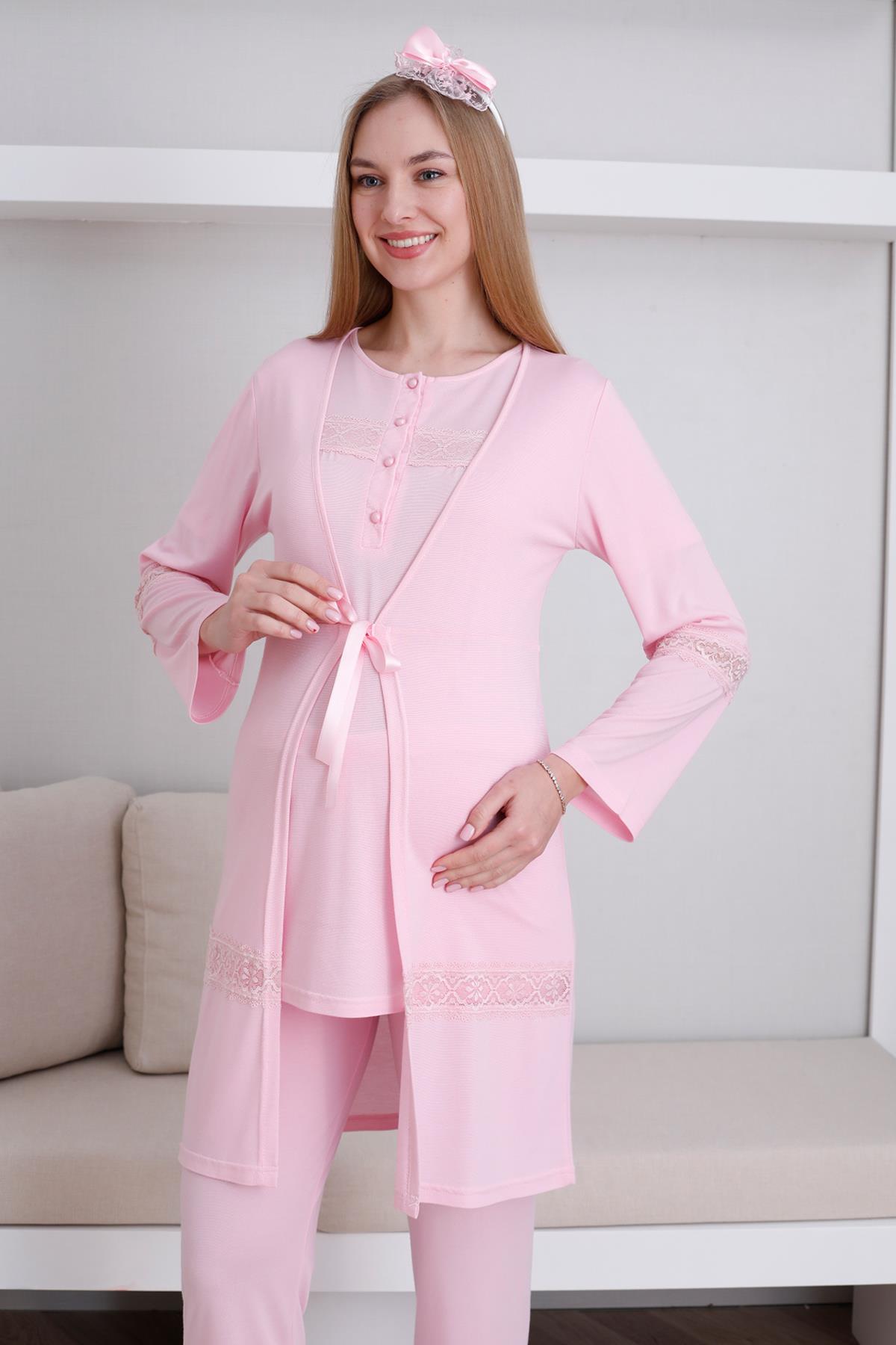 Erdeniz 3439 Pembe Dantel Detaylı Sabahlıklı Lohusa Pijama Takımı