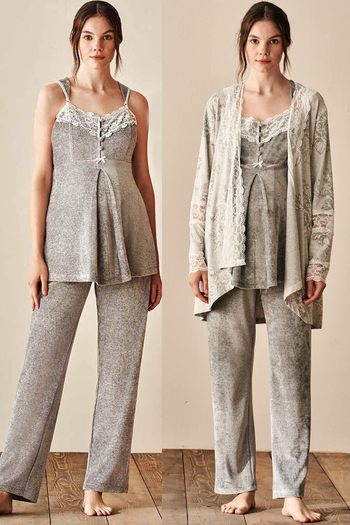 Feyza 3914 Gri Kadife Sabahlıklı Lohusa Pijama