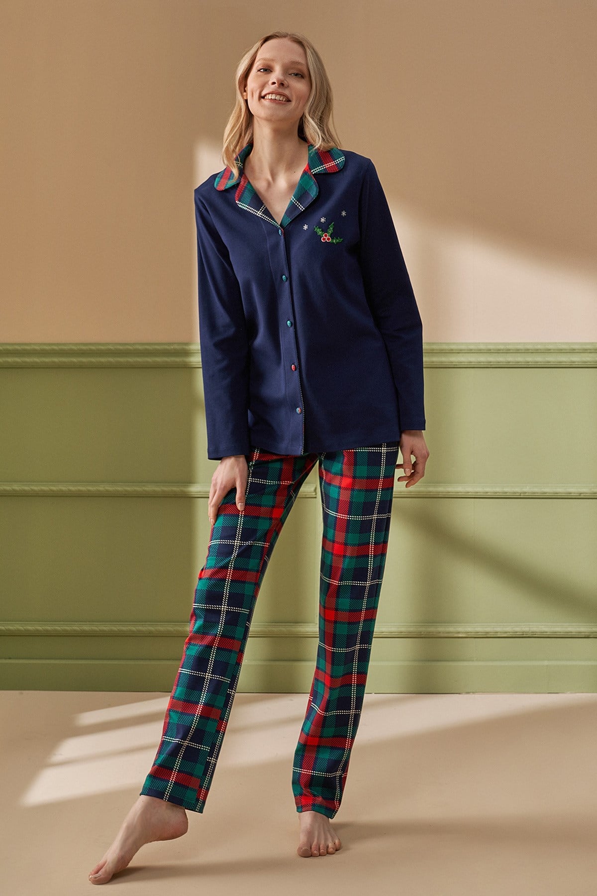 Feyza 4217 Lacivert Önden Düğmeli Lohusa Pijama Takımı
