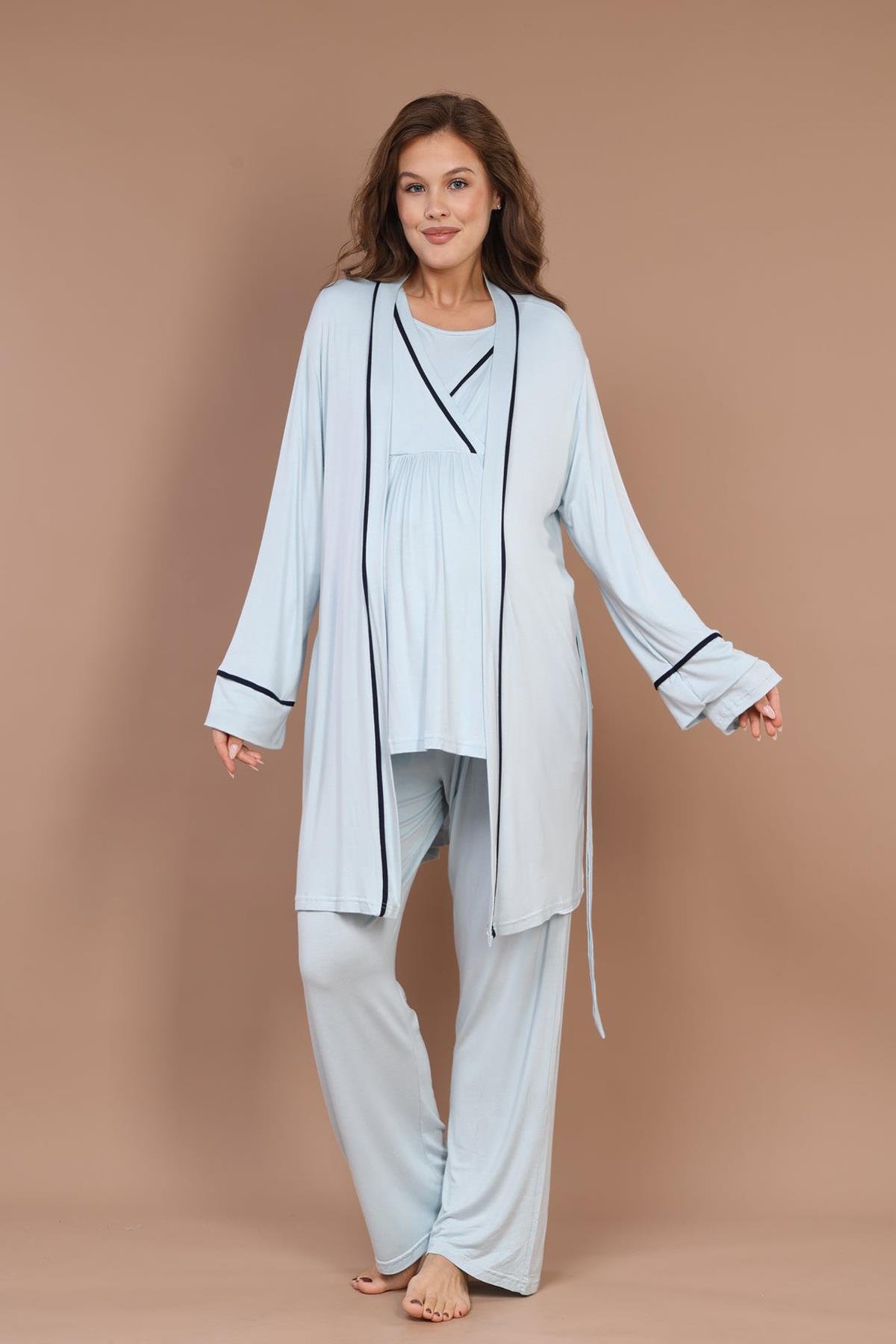 Gizli Emzirme Özellikli Biye Sabahlıklı Kruvaze Lohusa Pijama Takımı - 547