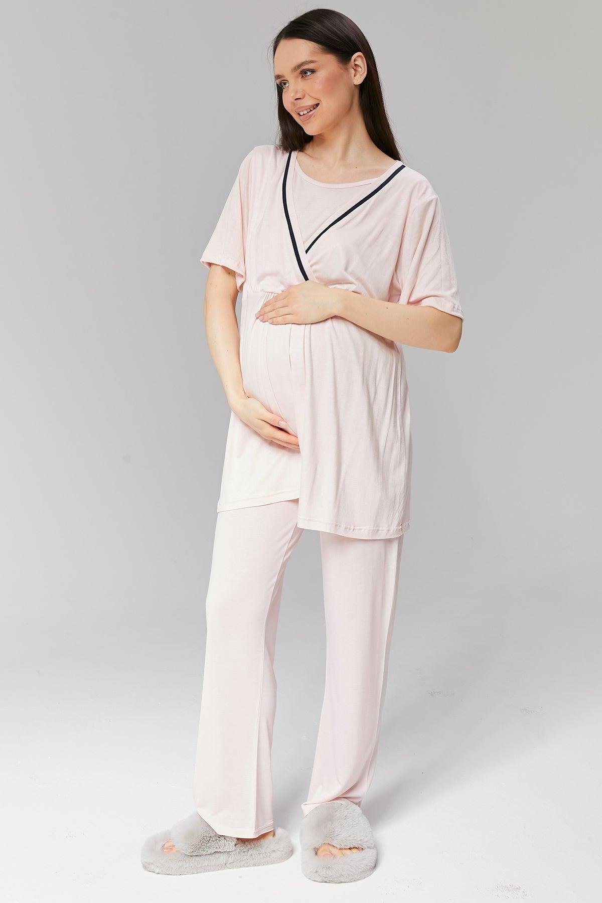 Gizli Emzirme Özellikli Biye Sabahlıklı Kruvaze Lohusa Pijama Takımı - 517