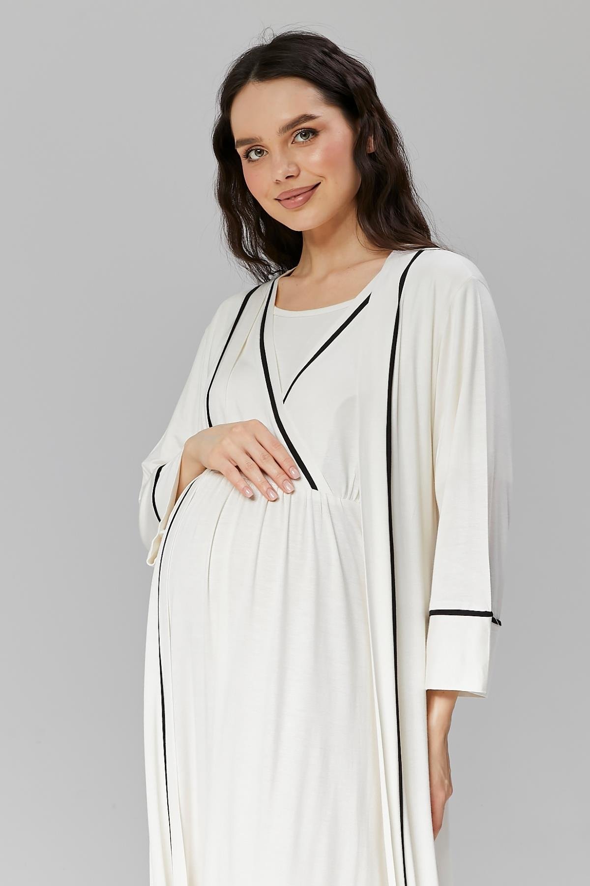 Gizli Emzirme Özellikli Biye Sabahlıklı Kruvaze Lohusa Gecelik Takımı - 505