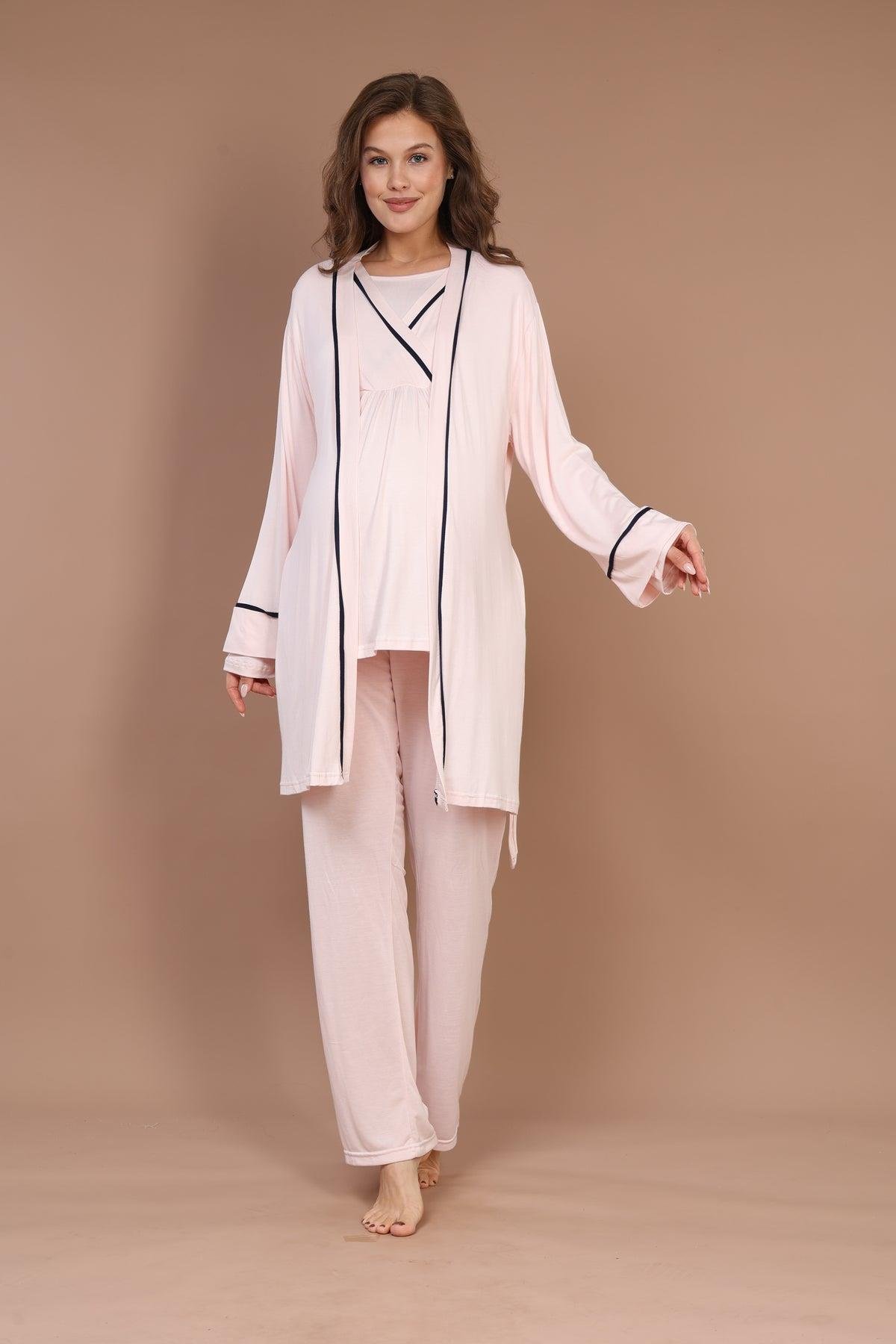 Gizli Emzirme Özellikli Biye Sabahlıklı Kruvaze Lohusa Pijama Takımı - 545