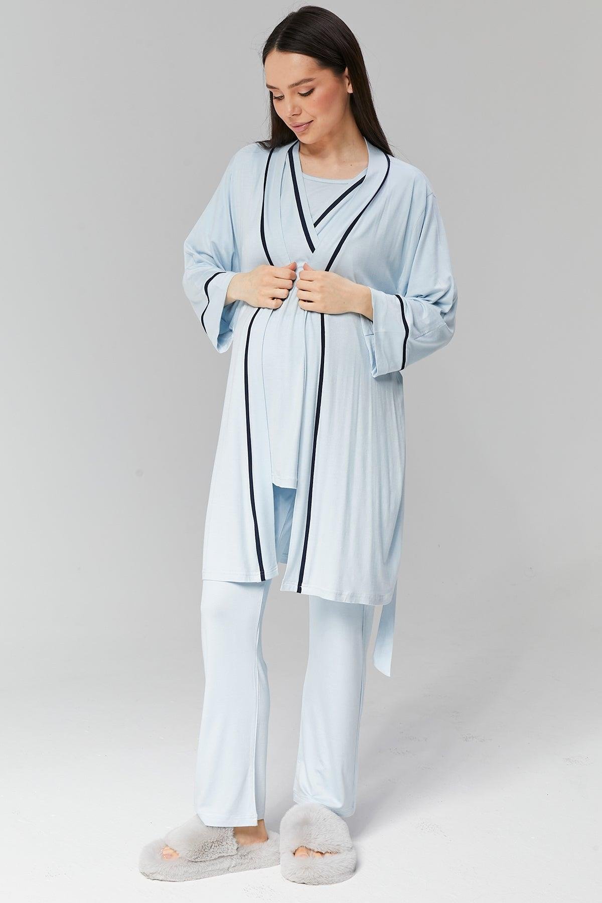 Gizli Emzirme Özellikli Biye Sabahlıklı Kruvaze Lohusa Pijama Takımı - 515