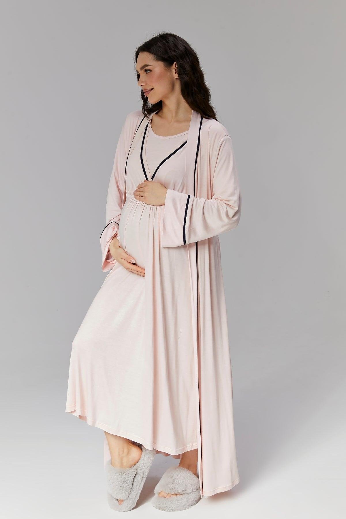 Gizli Emzirme Özellikli Biye Sabahlıklı Kruvaze Lohusa Gecelik Takımı - 504