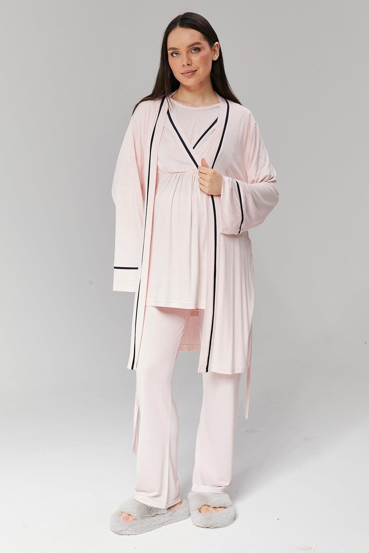 Gizli Emzirme Özellikli Biye Sabahlıklı Kruvaze Lohusa Pijama Takımı - 517