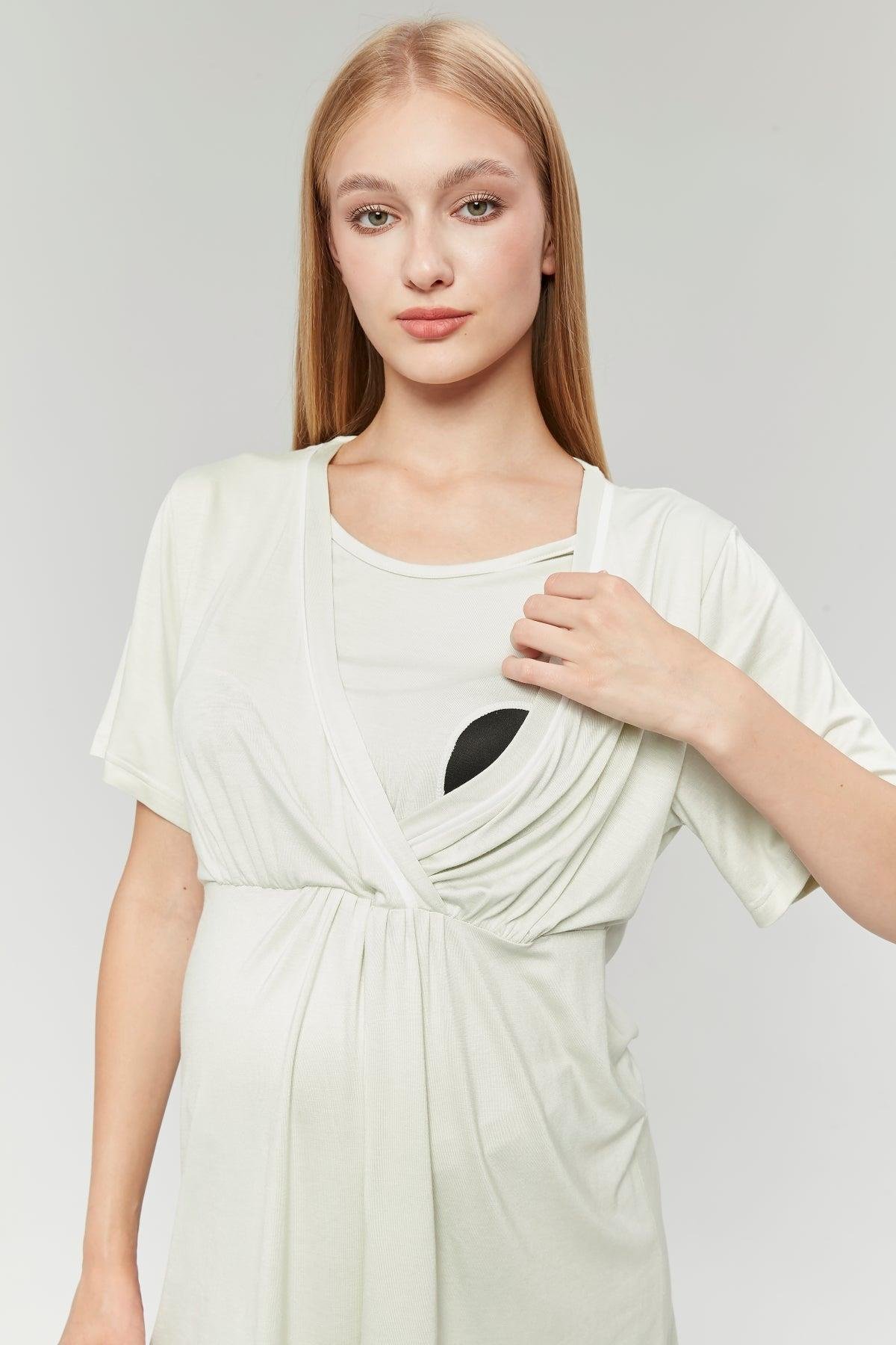 Gizli Emzirme Özellikli Biye Sabahlıklı Kruvaze Lohusa Pijama Takımı - 529