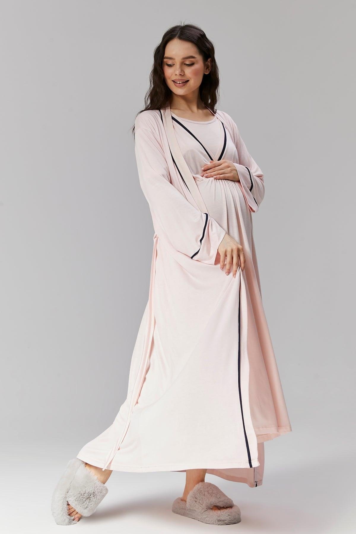 Gizli Emzirme Özellikli Biye Sabahlıklı Kruvaze Lohusa Gecelik Takımı - 504