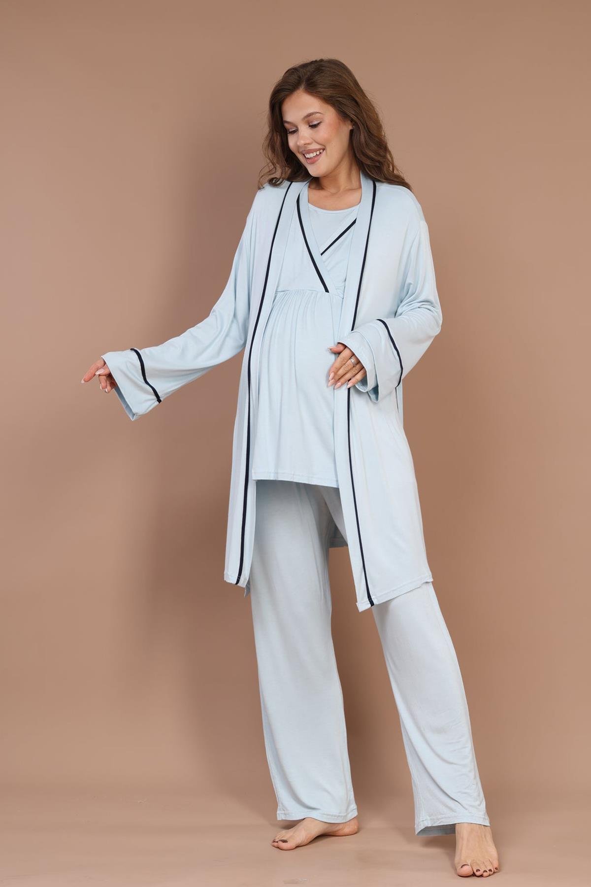 Gizli Emzirme Özellikli Biye Sabahlıklı Kruvaze Lohusa Pijama Takımı - 547