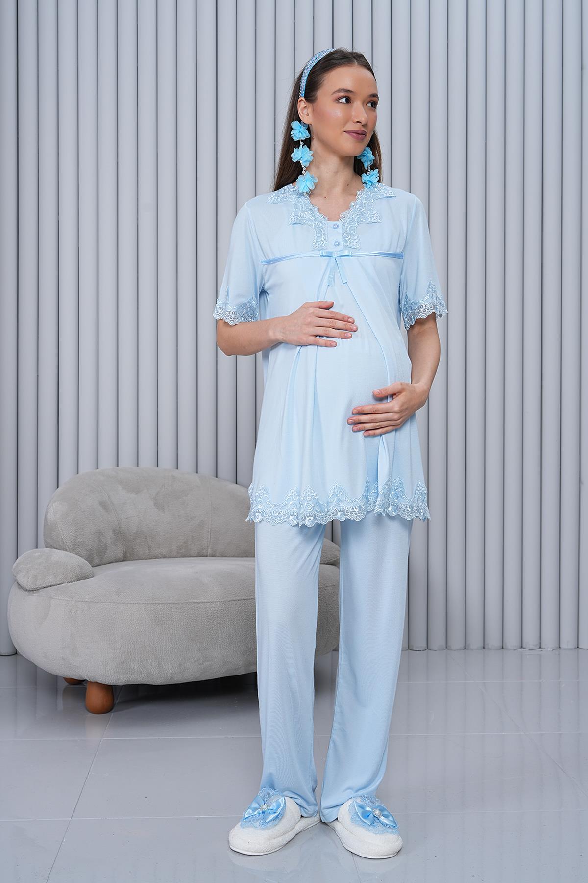 Gizli Emzirme Özellikli Dantel Detaylı Mavi Lohusa Pijama Takımı