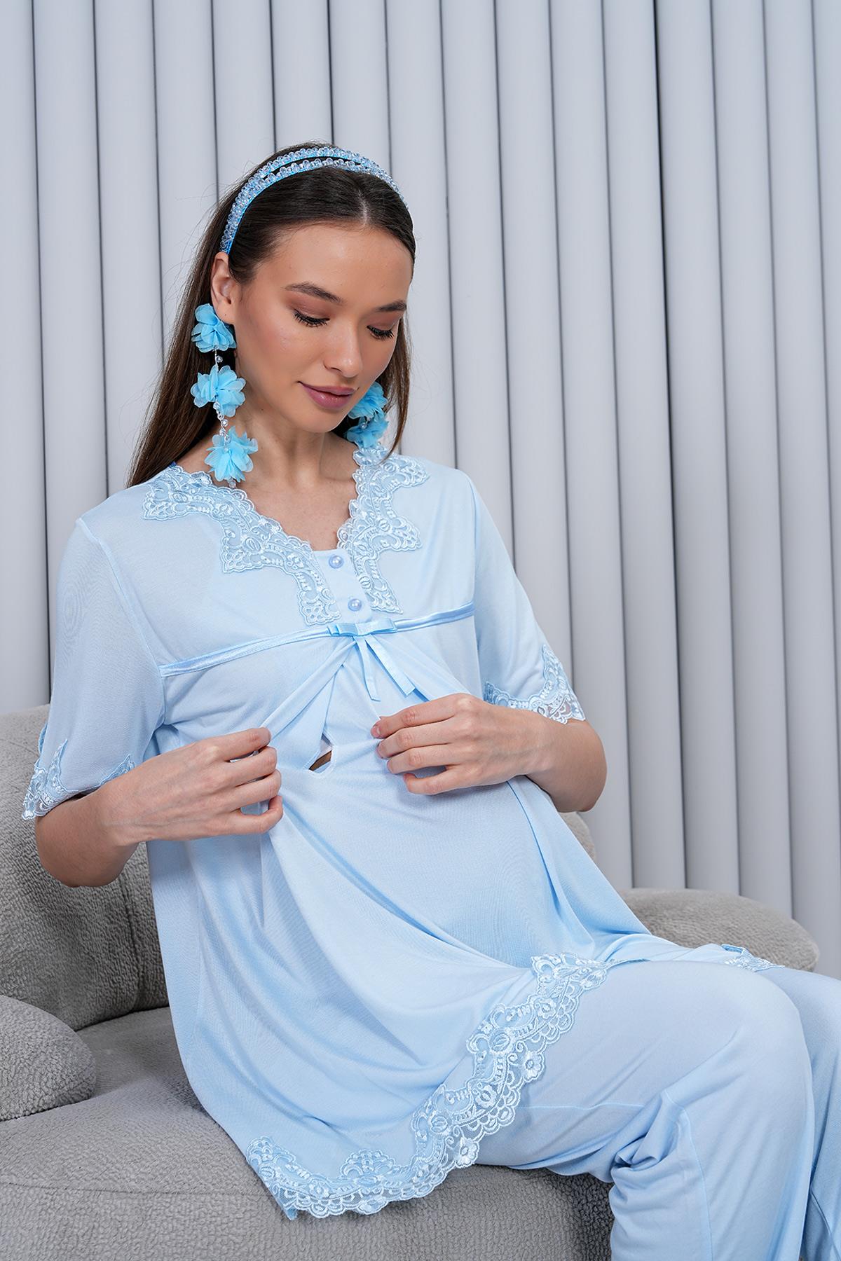 Gizli Emzirme Özellikli Dantel Detaylı Mavi Lohusa Pijama Takımı