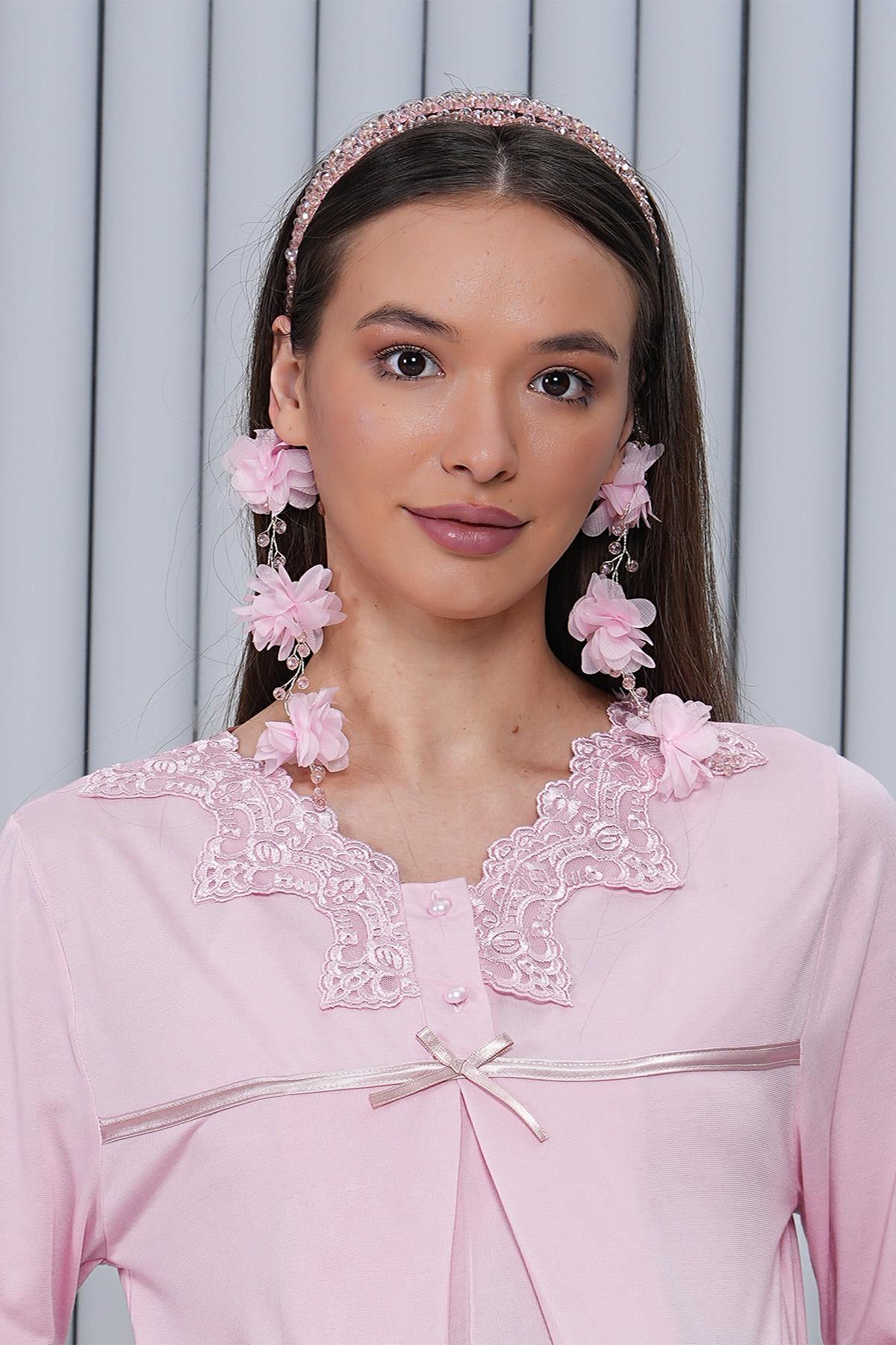 Gizli Emzirme Özellikli Dantel Detaylı Pudra Uzun Kol Lohusa Pijama Takımı