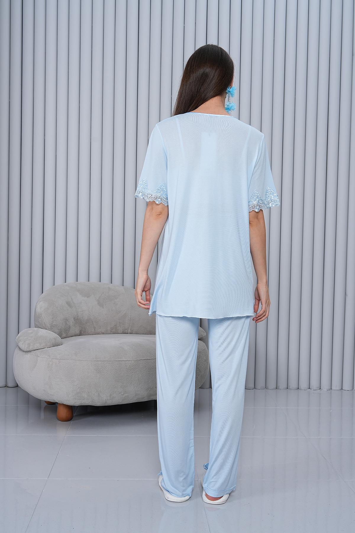 Gizli Emzirme Özellikli Dantel Detaylı Mavi Lohusa Pijama Takımı