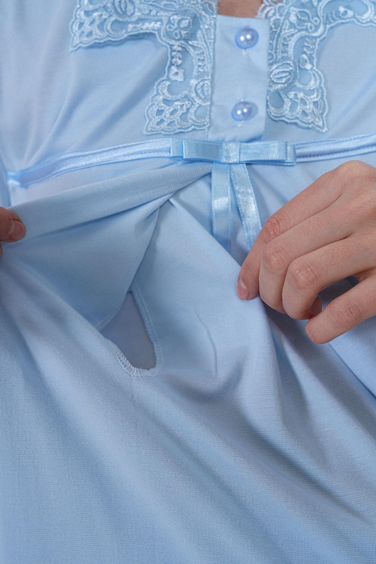 Gizli Emzirme Özellikli Dantel Detaylı Mavi Lohusa Pijama Takımı