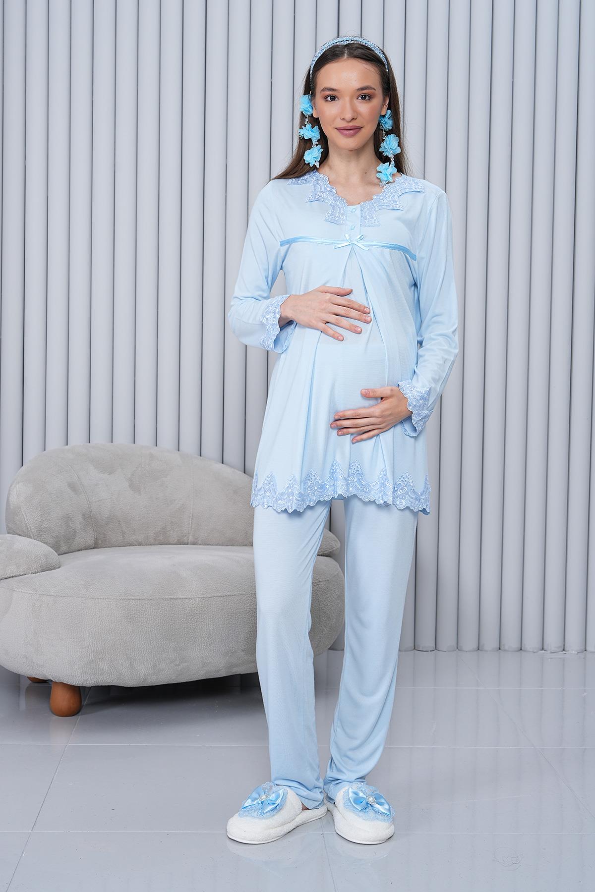 Gizli Emzirme Özellikli Dantel Detaylı Mavi Uzun Kol Lohusa Pijama Takımı