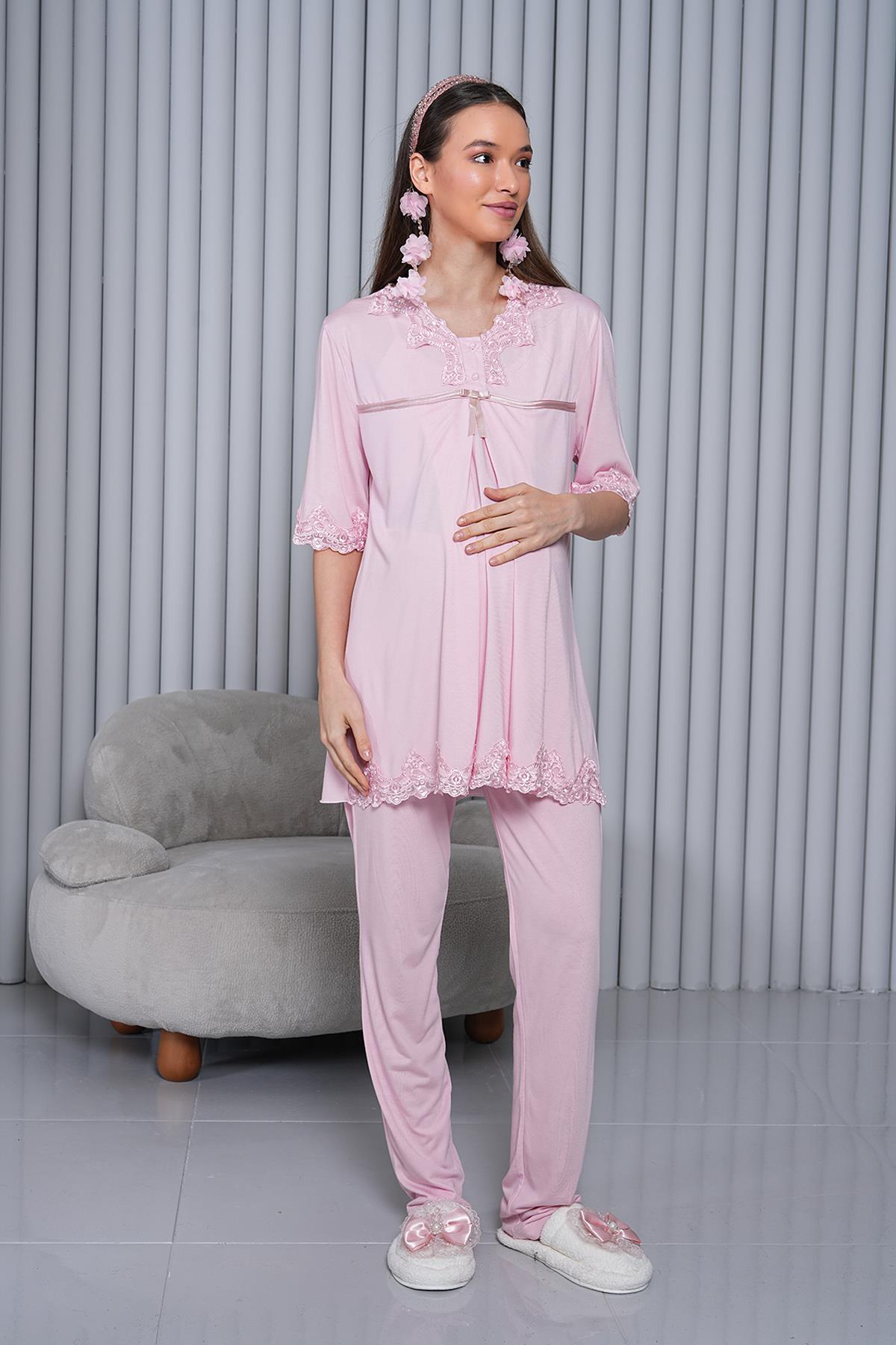 Gizli Emzirme Özellikli Dantel Detaylı Pudra Lohusa Pijama Takımı