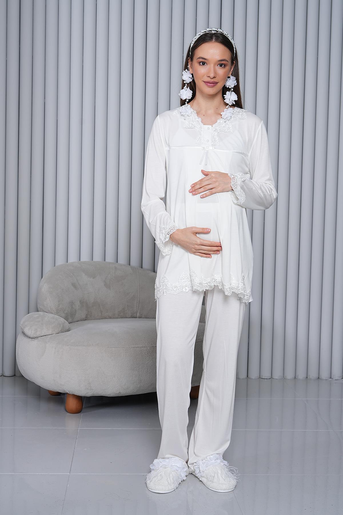 Gizli Emzirme Özellikli Dantel Detaylı Ekru Uzun Kol Lohusa Pijama Takımı