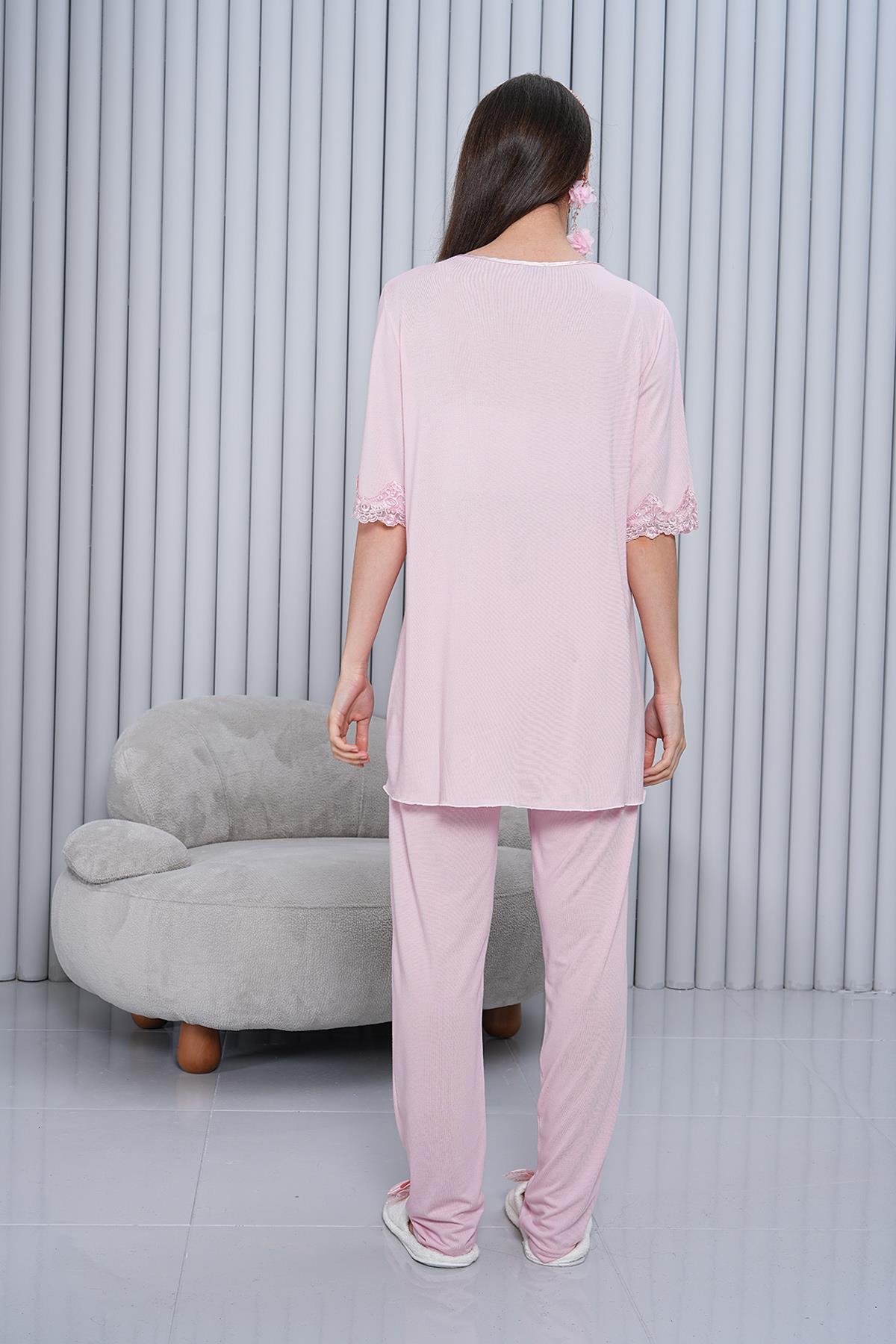 Gizli Emzirme Özellikli Dantel Detaylı Pudra Lohusa Pijama Takımı