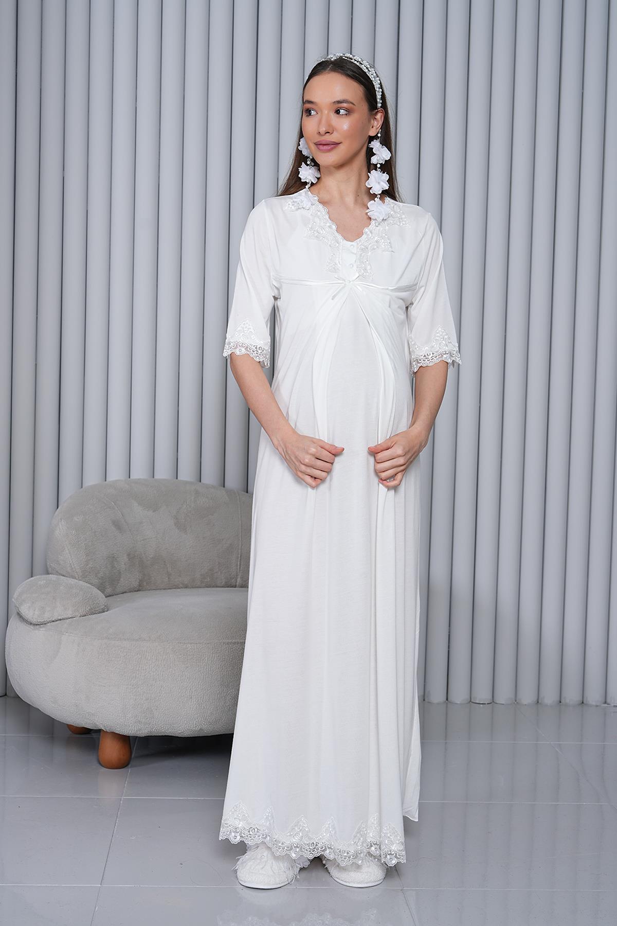 Gizli Emzirme Özellikli Ekru Lohusa Gecelik