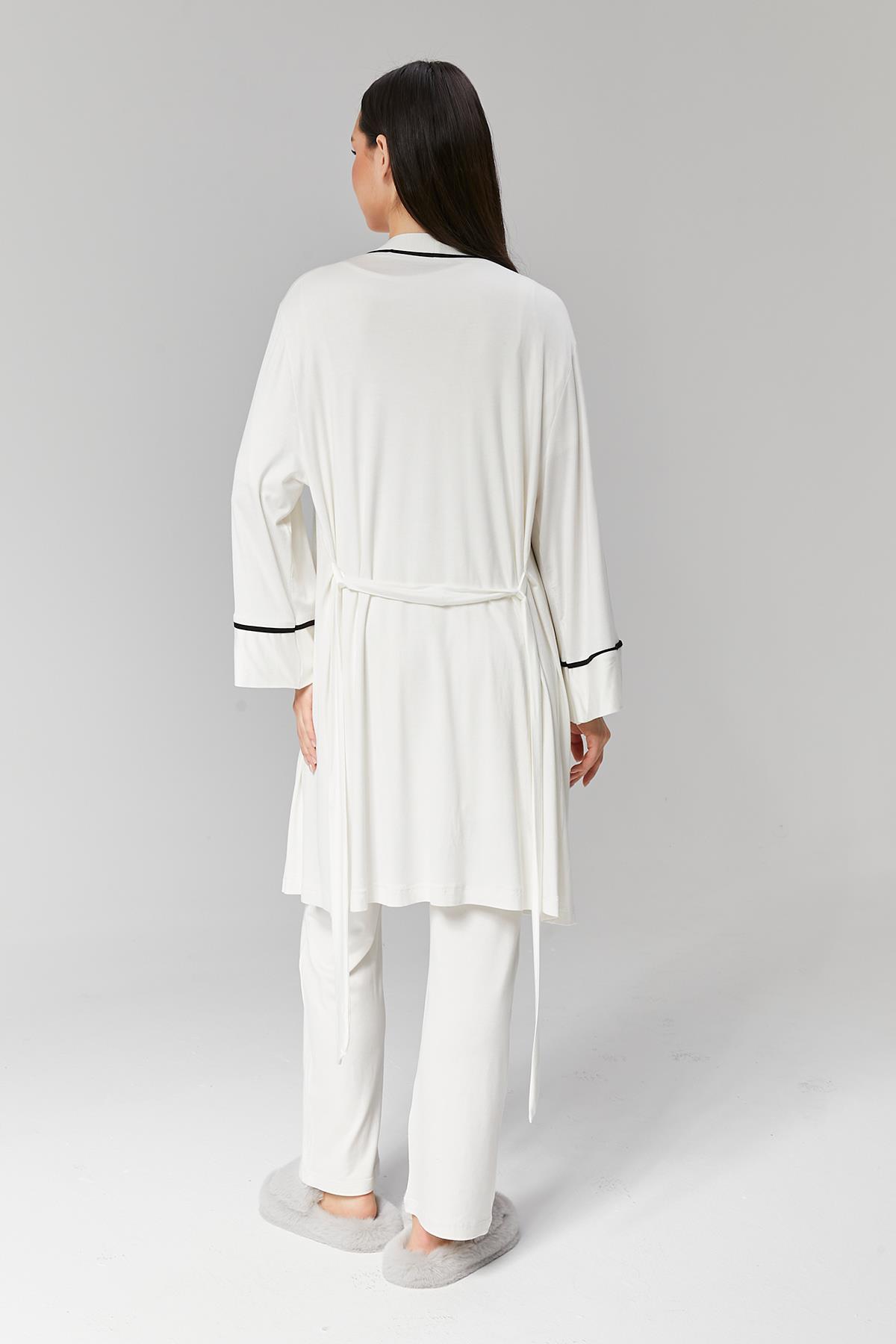 Gizli Emzirme Özellikli Ekru Sabahlıklı Kruvaze Lohusa Pijama Takımı - 516