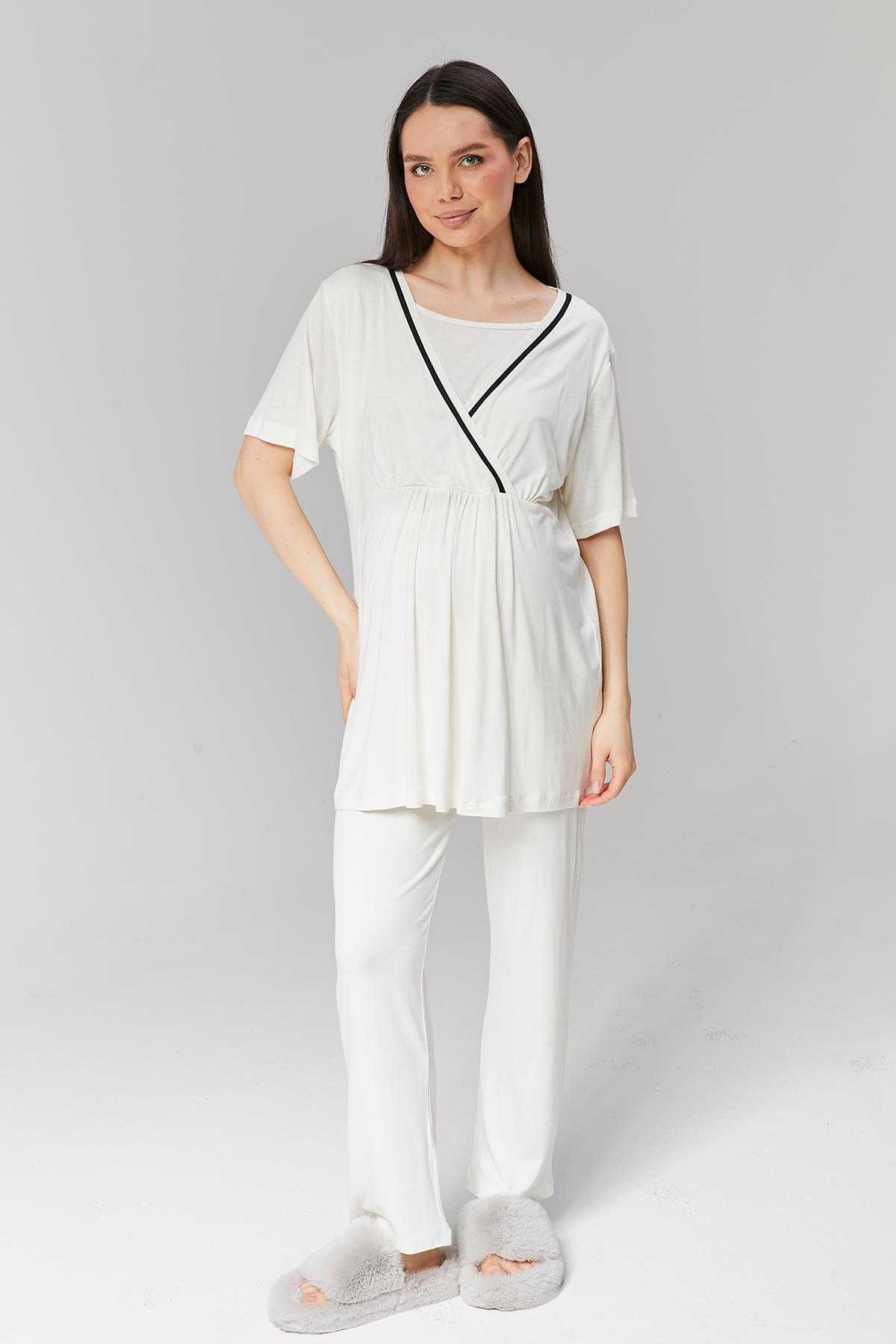 Gizli Emzirme Özellikli Ekru Sabahlıklı Kruvaze Lohusa Pijama Takımı - 516