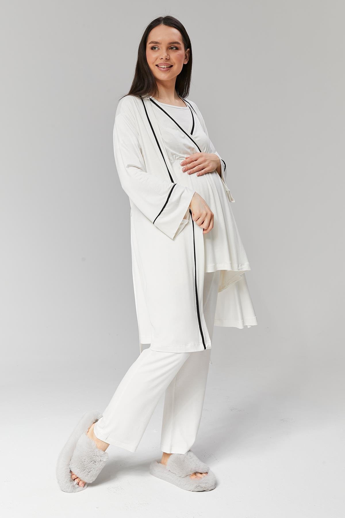 Gizli Emzirme Özellikli Ekru Sabahlıklı Kruvaze Lohusa Pijama Takımı - 516