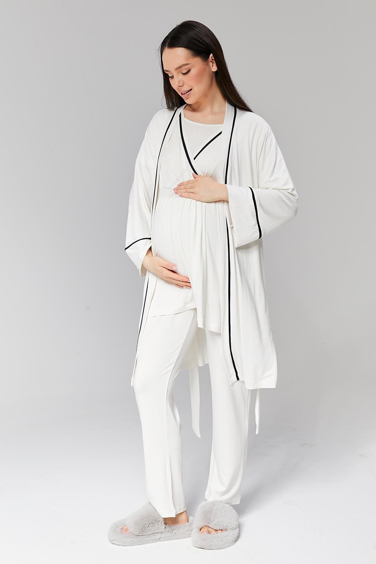 Gizli Emzirme Özellikli Ekru Sabahlıklı Kruvaze Lohusa Pijama Takımı - 516