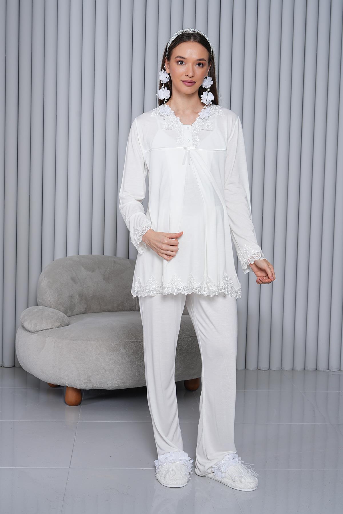 Gizli Emzirme Özellikli Ekru Sabahlıklı Uzun Kol Lohusa Pijama Takımı