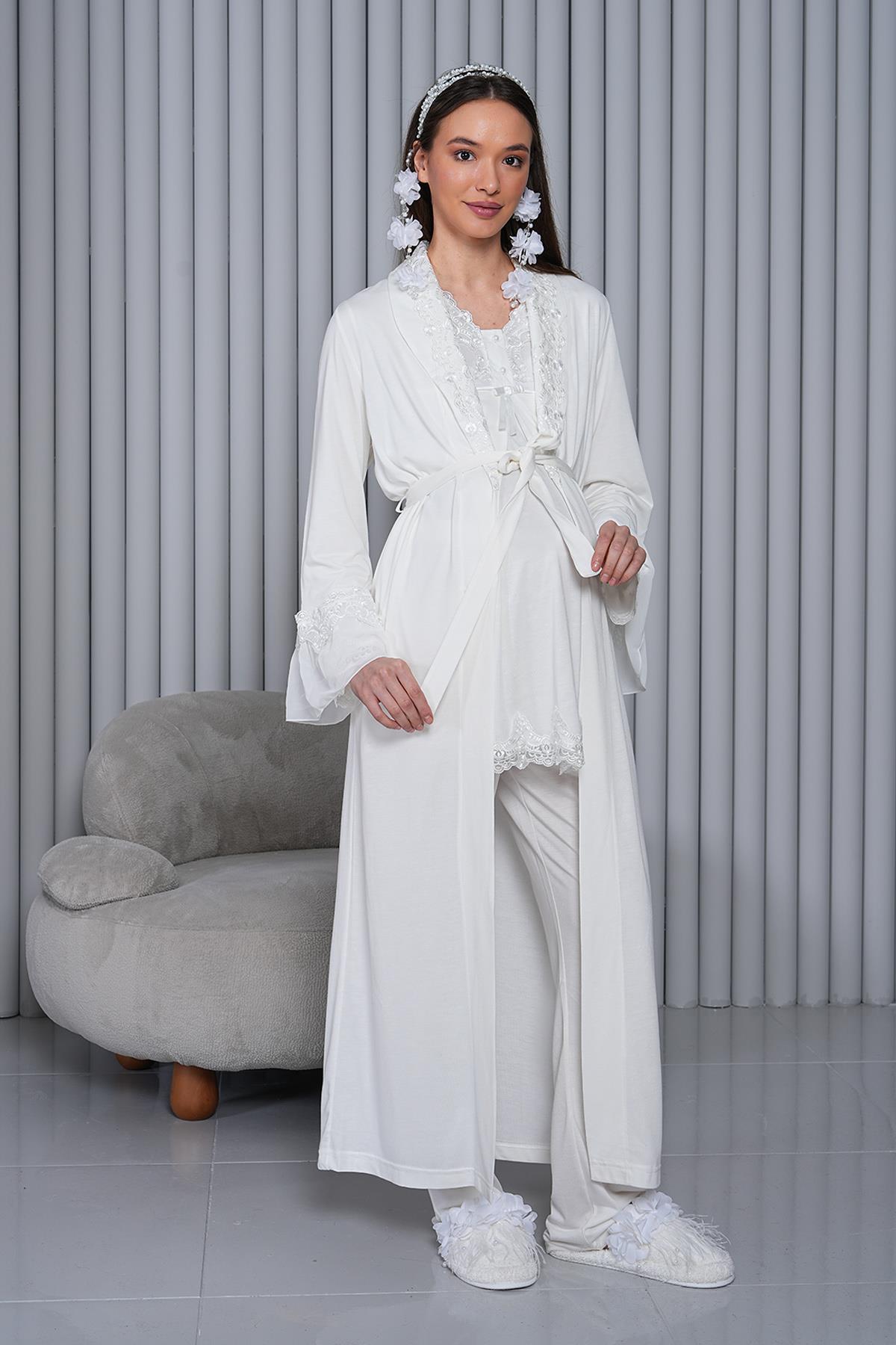 Gizli Emzirme Özellikli Ekru Sabahlıklı Uzun Kol Lohusa Pijama Takımı