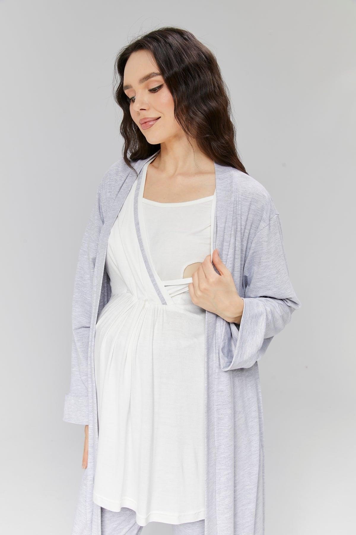 Gizli Emzirme Özellikli Gri Sabahlıklı Kruvaze Lohusa Pijama Takımı - 503