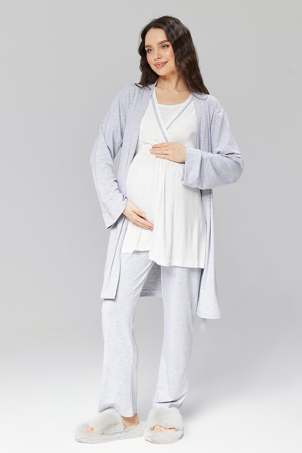 Gizli Emzirme Özellikli Gri Sabahlıklı Kruvaze Lohusa Pijama Takımı - 503