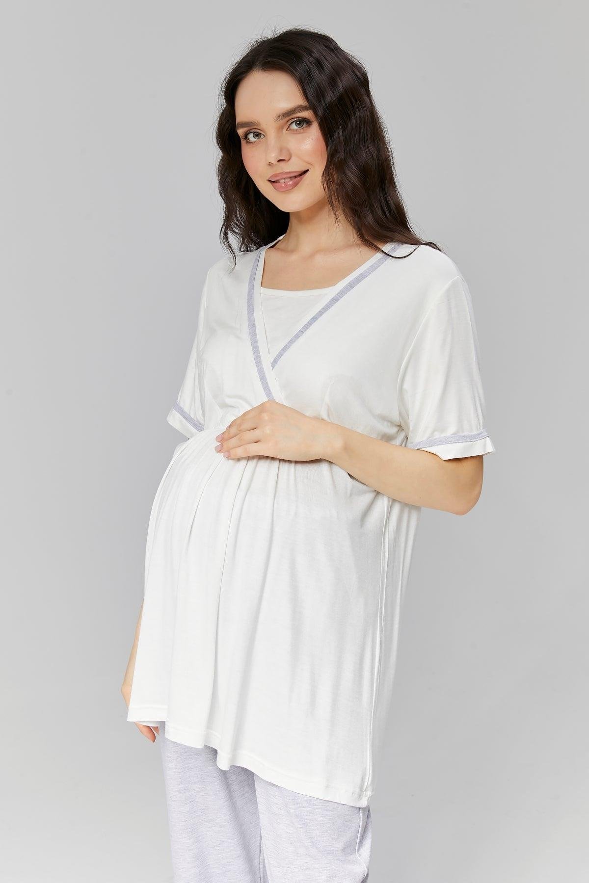 Gizli Emzirme Özellikli Gri Sabahlıklı Kruvaze Lohusa Pijama Takımı - 503