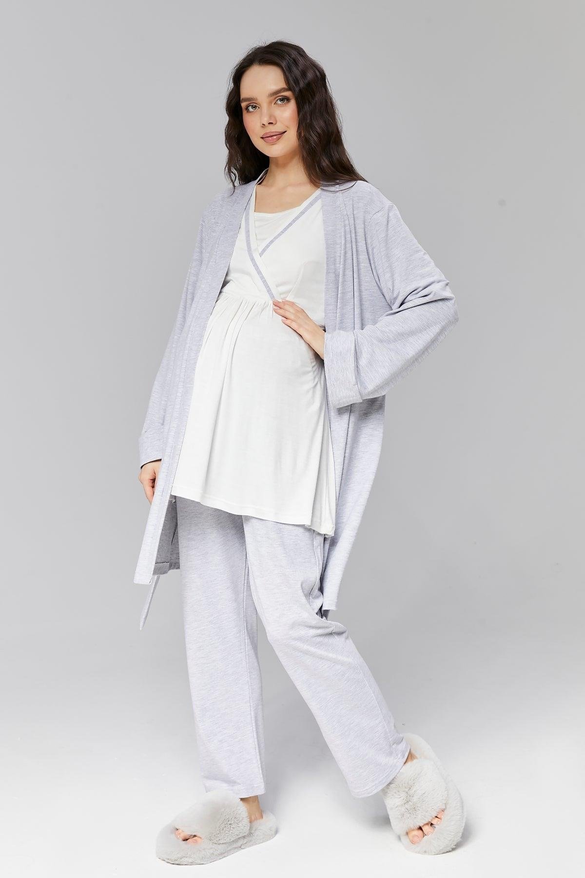 Gizli Emzirme Özellikli Gri Sabahlıklı Kruvaze Lohusa Pijama Takımı - 503