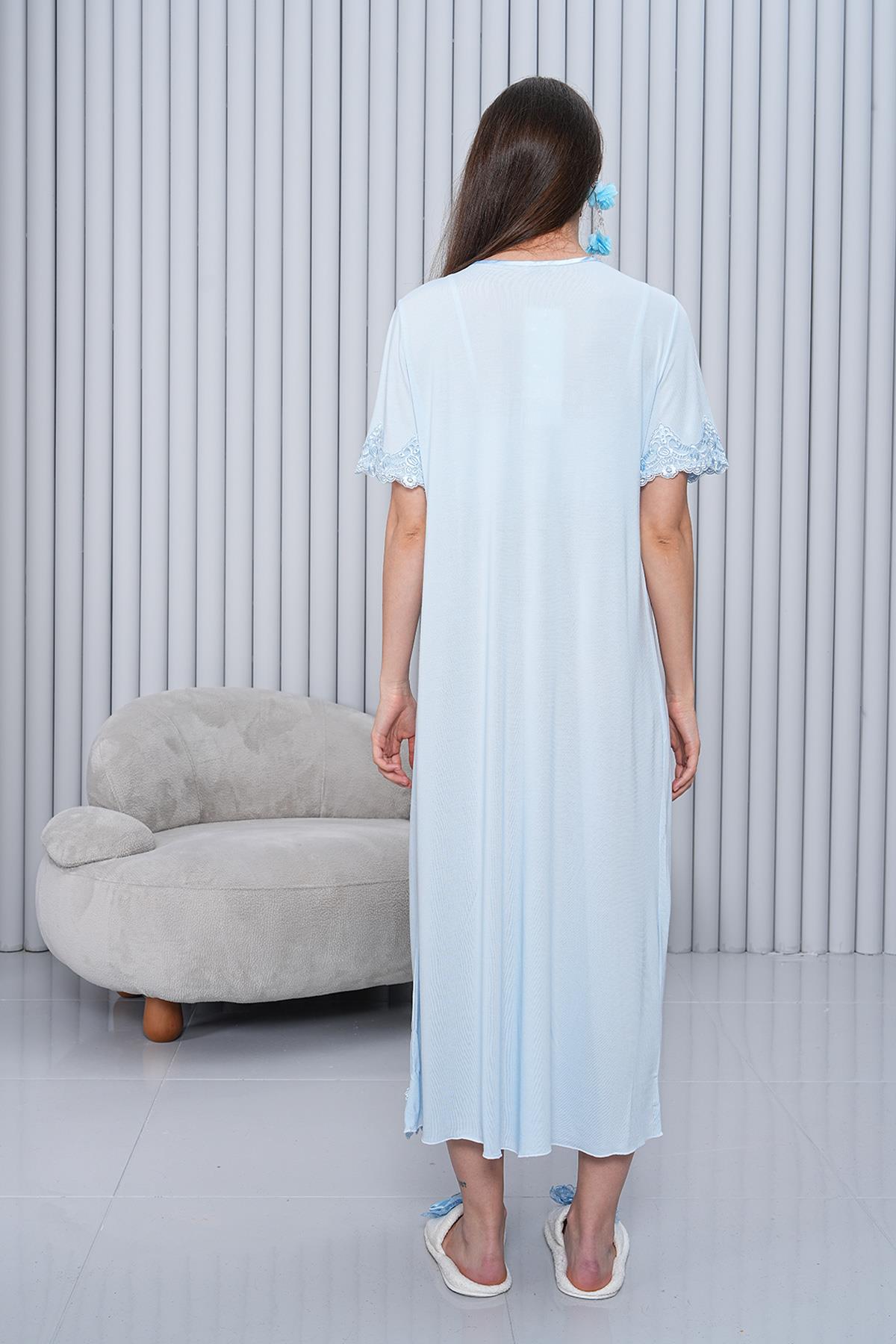 Gizli Emzirme Özellikli Mavi Lohusa Gecelik