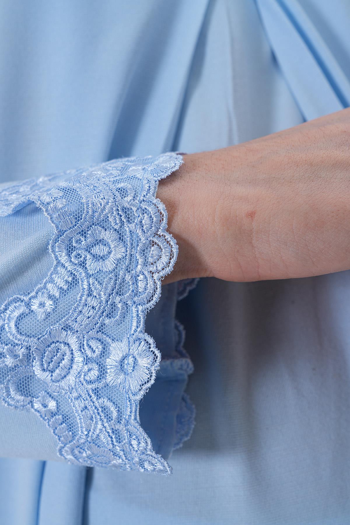 Gizli Emzirme Özellikli Mavi Sabahlıklı Uzun Kol Lohusa Pijama Takımı