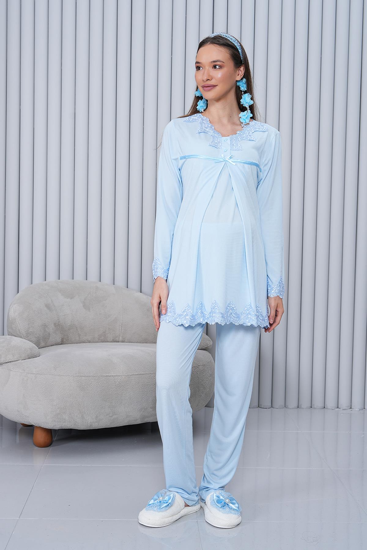 Gizli Emzirme Özellikli Mavi Sabahlıklı Uzun Kol Lohusa Pijama Takımı