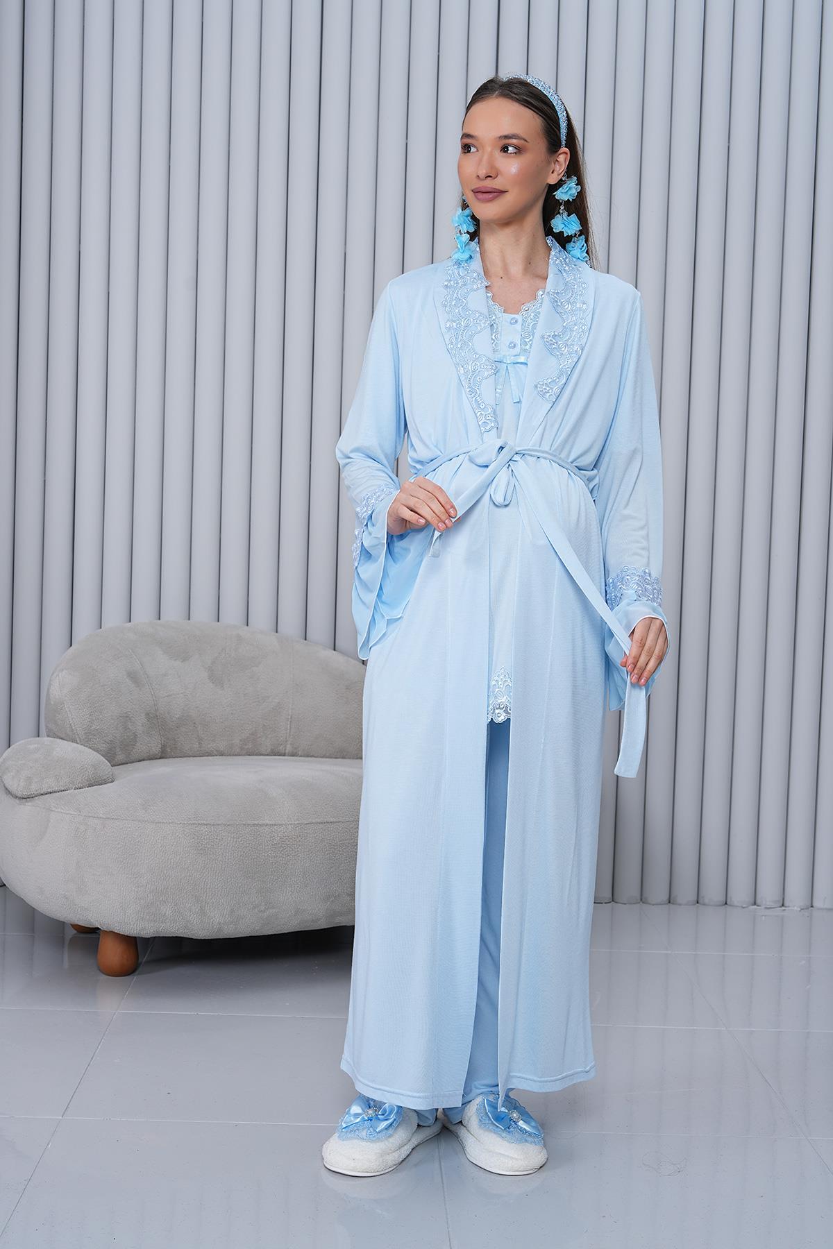 Gizli Emzirme Özellikli Mavi Sabahlıklı Uzun Kol Lohusa Pijama Takımı