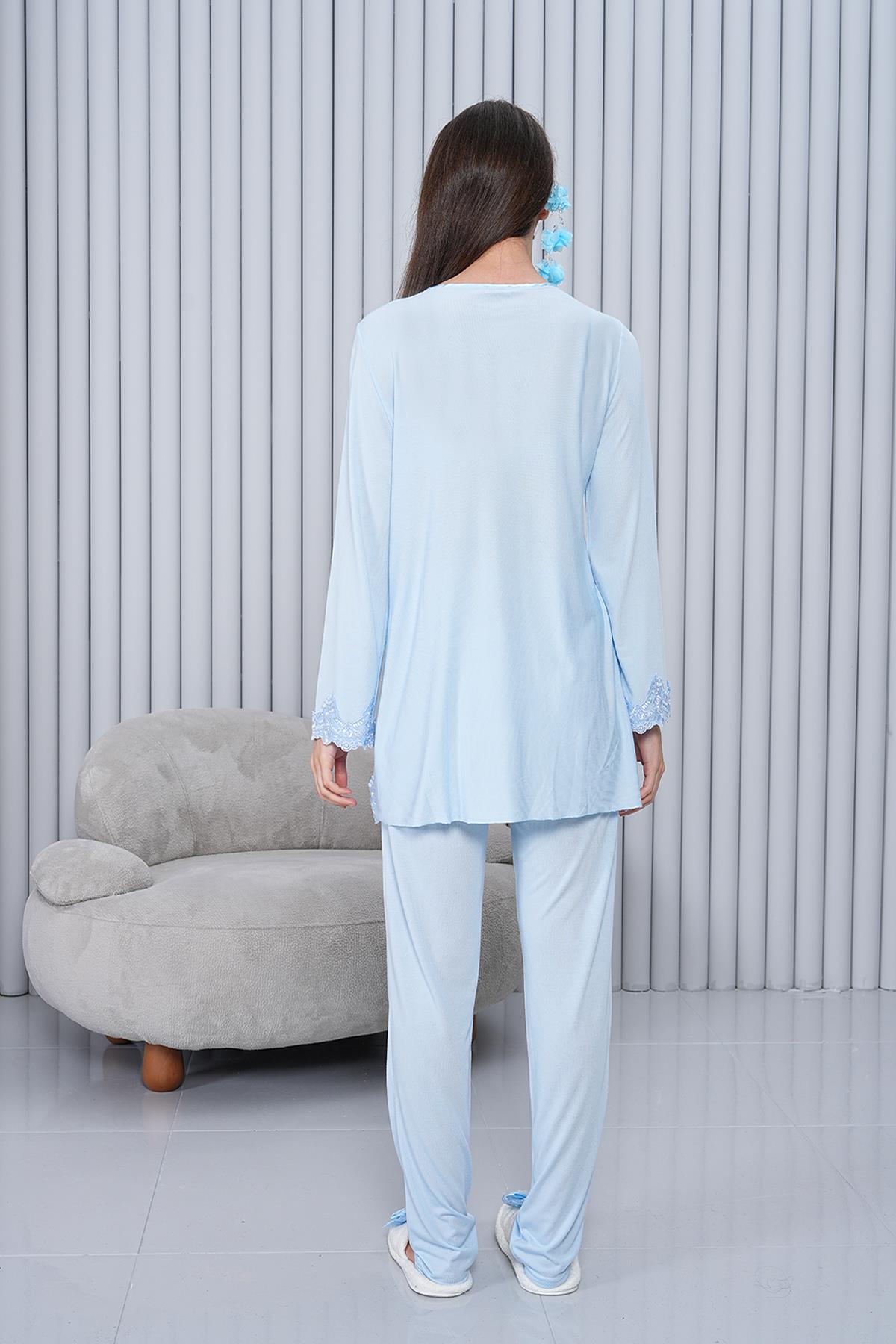 Gizli Emzirme Özellikli Mavi Sabahlıklı Uzun Kol Lohusa Pijama Takımı